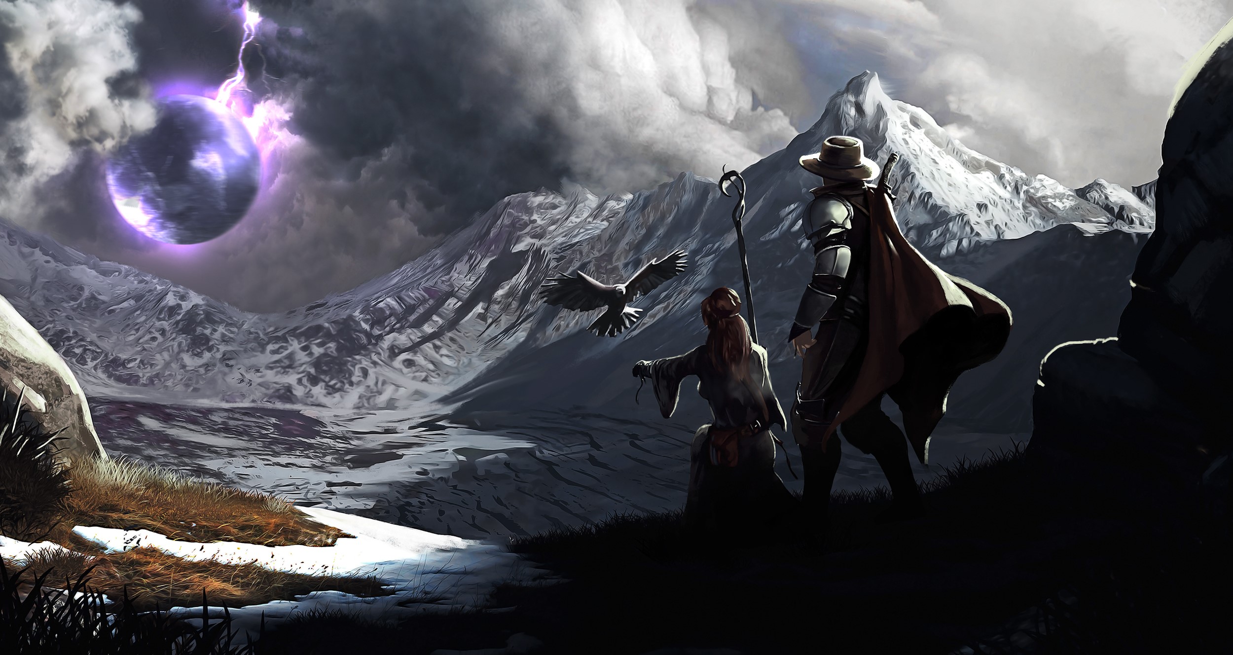 Fantasy landscape with a mystical orb and adventurers HD Wallpaper