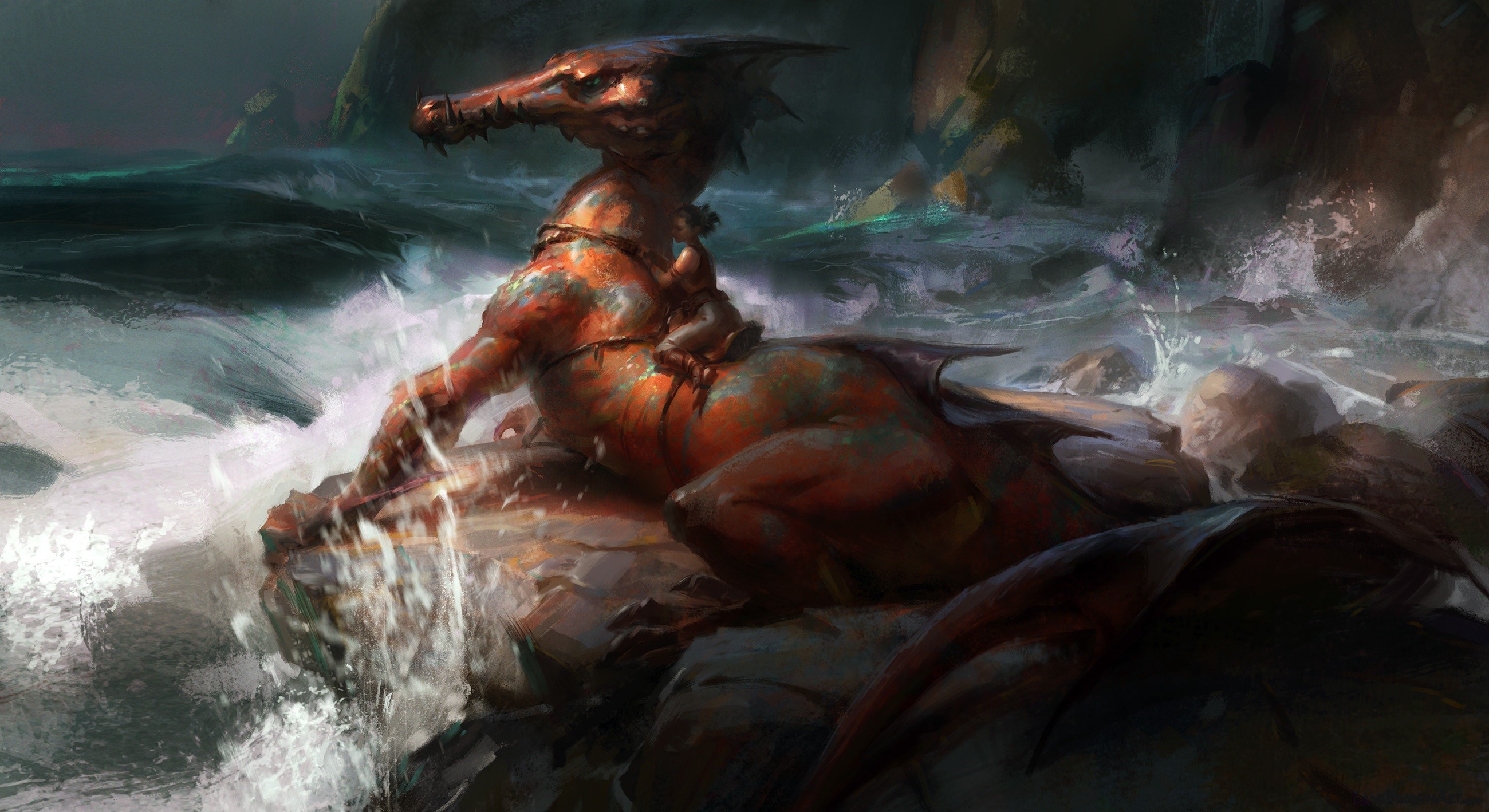 Dragon-like creature on a rocky coast with waves HD Wallpaper