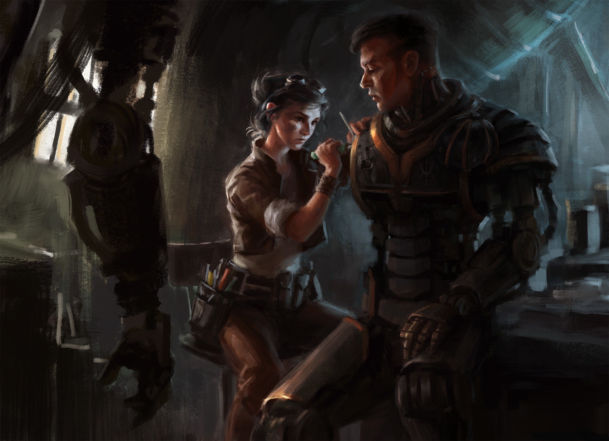 Woman repairs a man in a robot suit HD Wallpaper