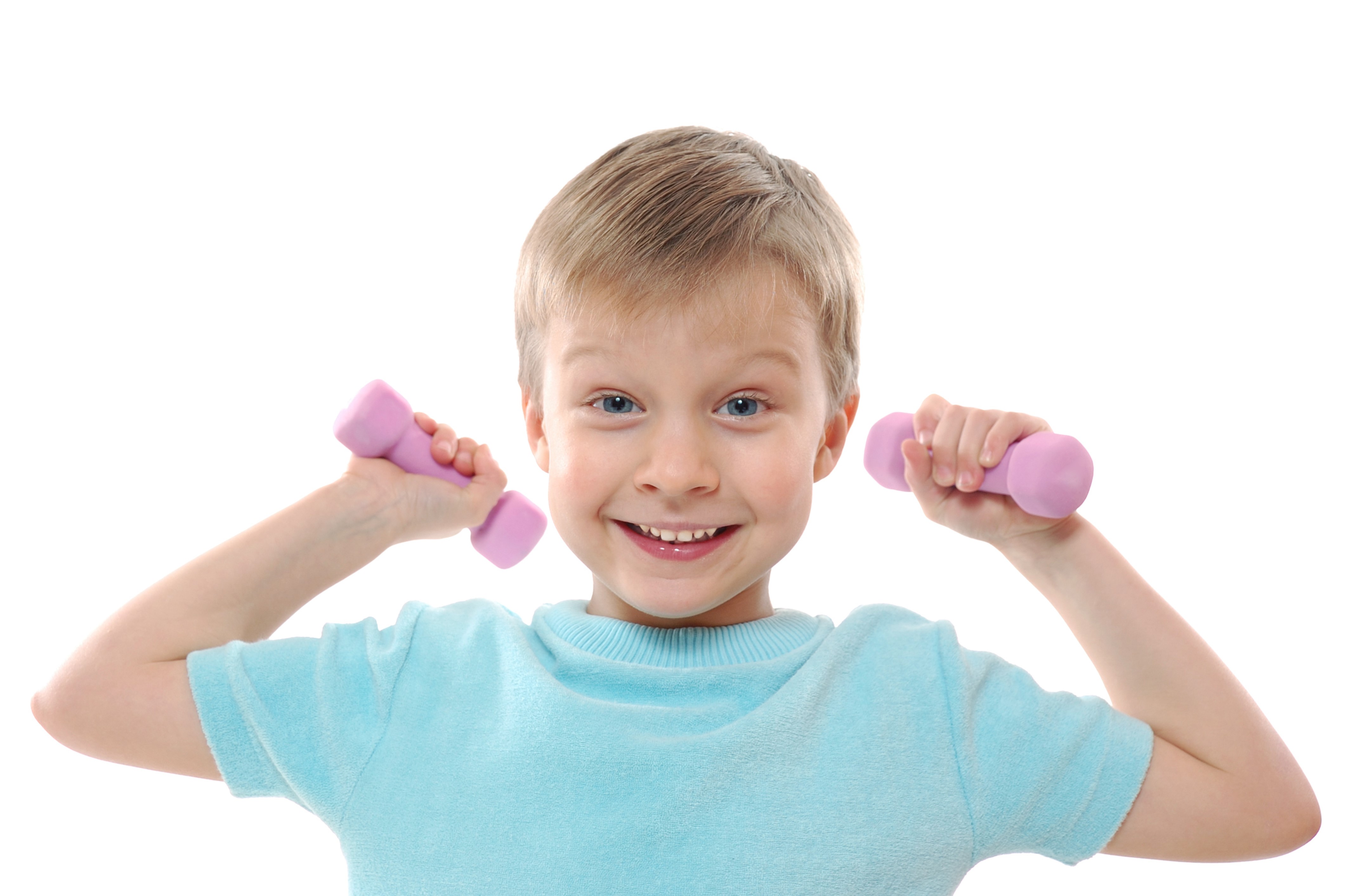 Boy with pink dumbbells on white background HD Wallpaper