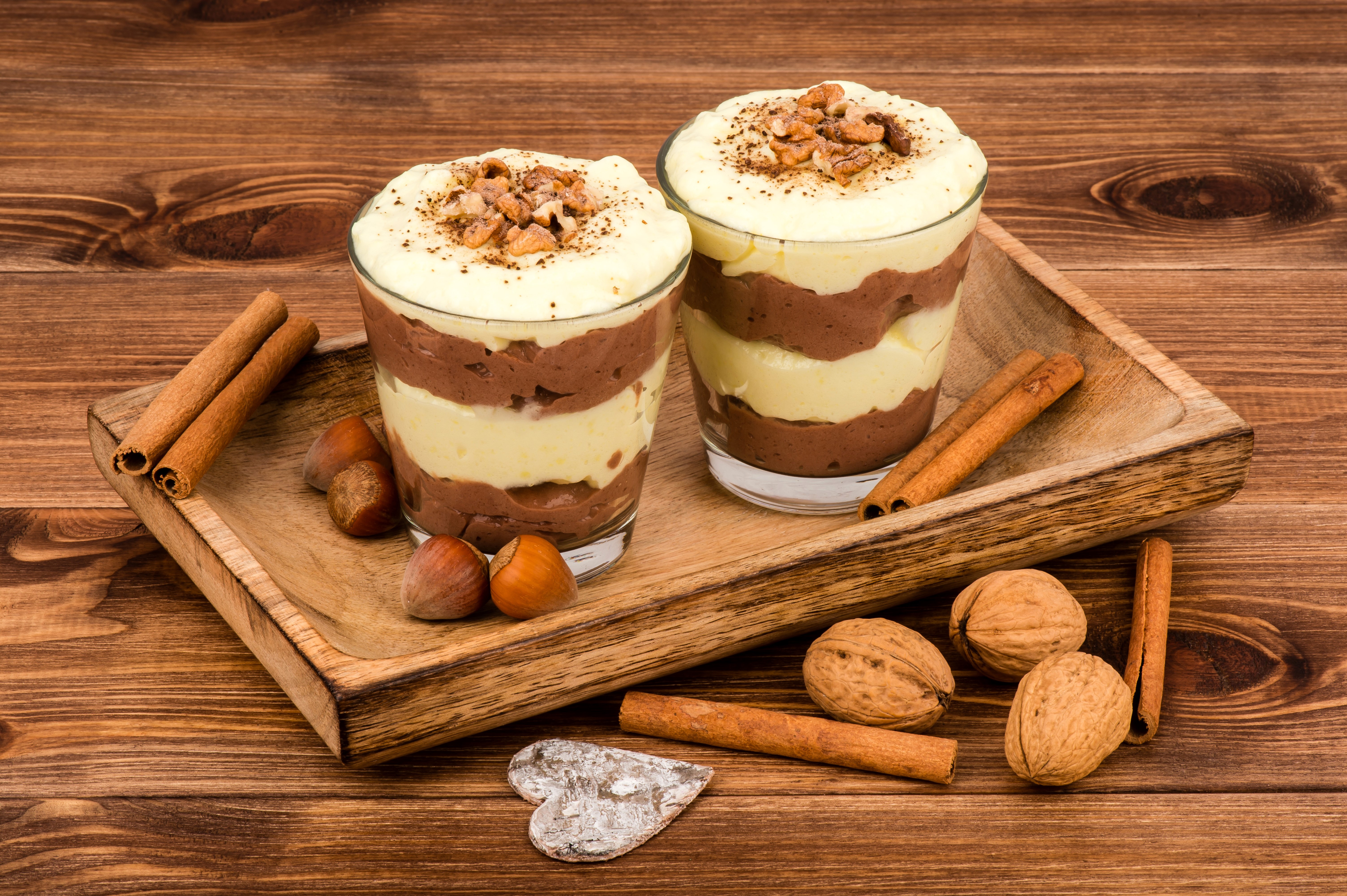 Chocolate and Vanilla Mousse Desserts with Nuts and Cinnamon HD Wallpaper
