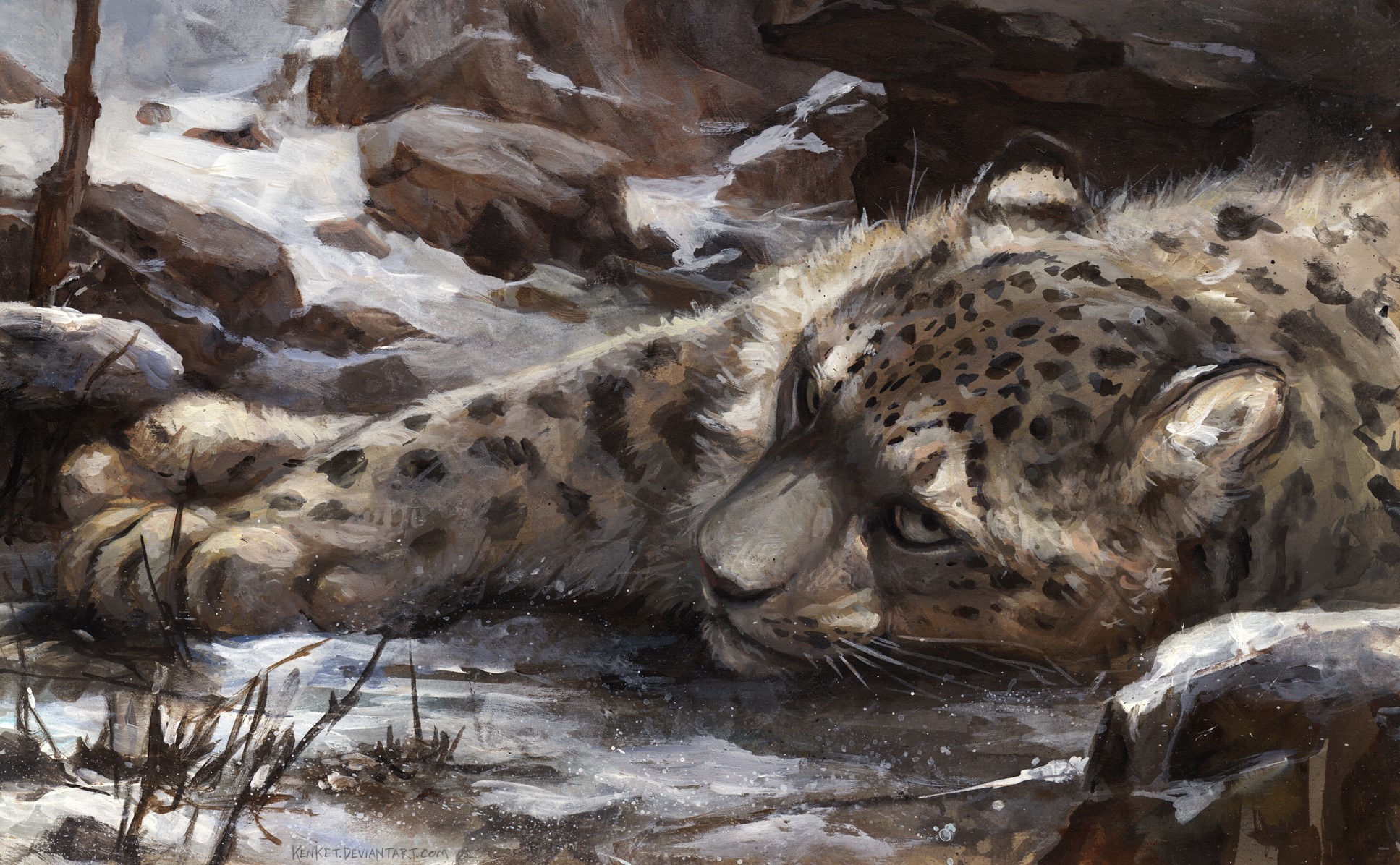 Painting of a snow leopard resting in a snowy landscape HD Wallpaper