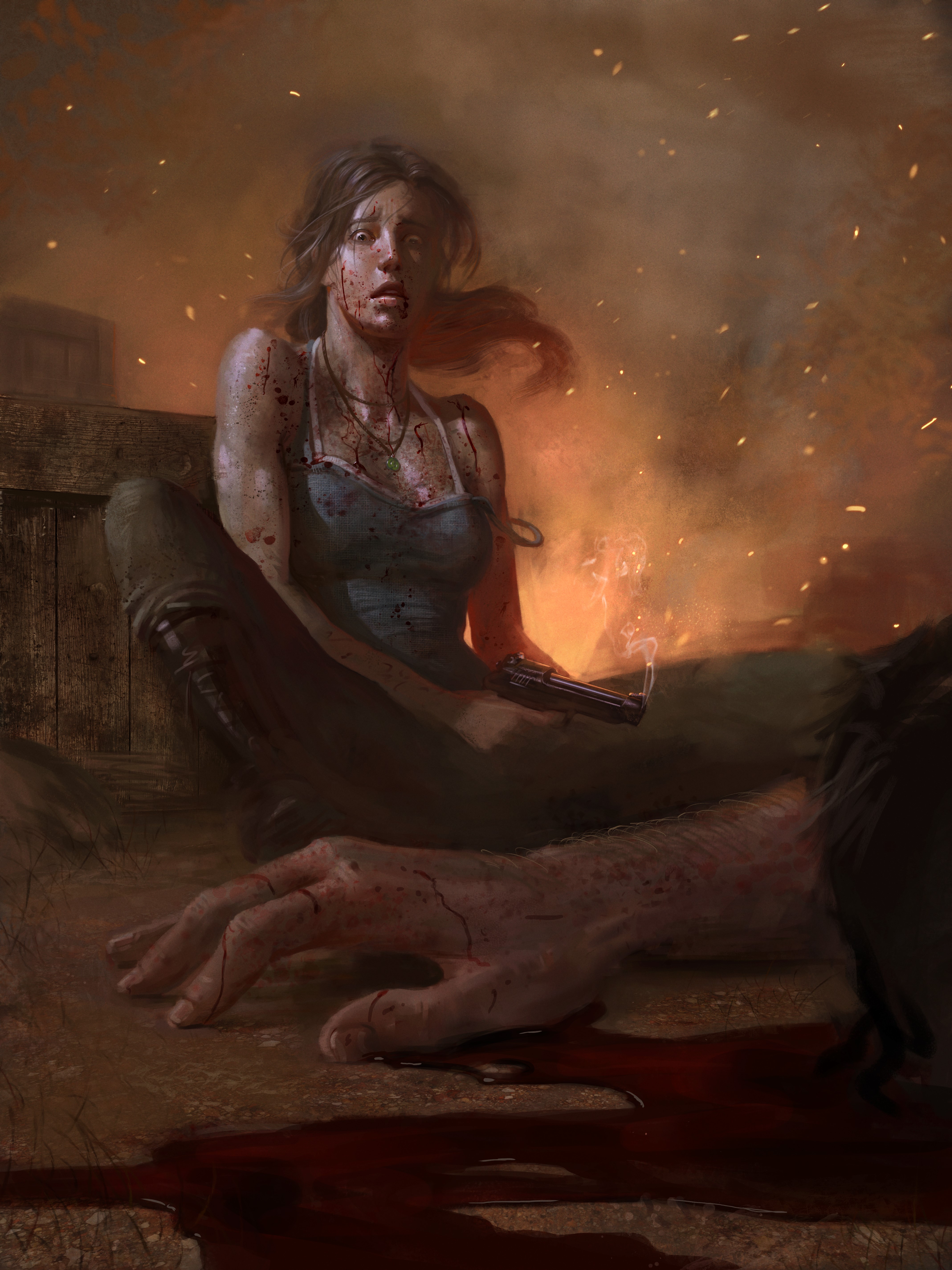 Lara Croft from Tomb Raider 2013 with pistol and blood HD Phone Wallpaper