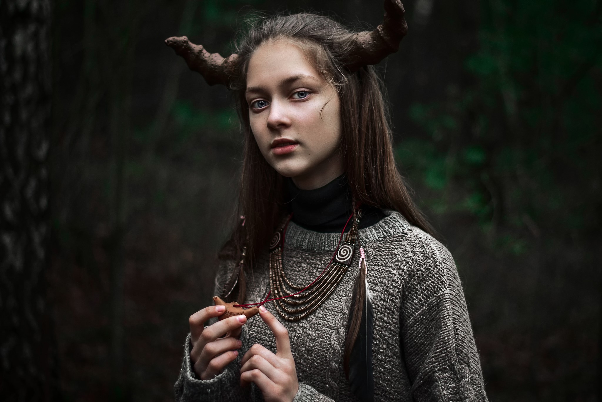 Girl with horns in a forest HD Wallpaper
