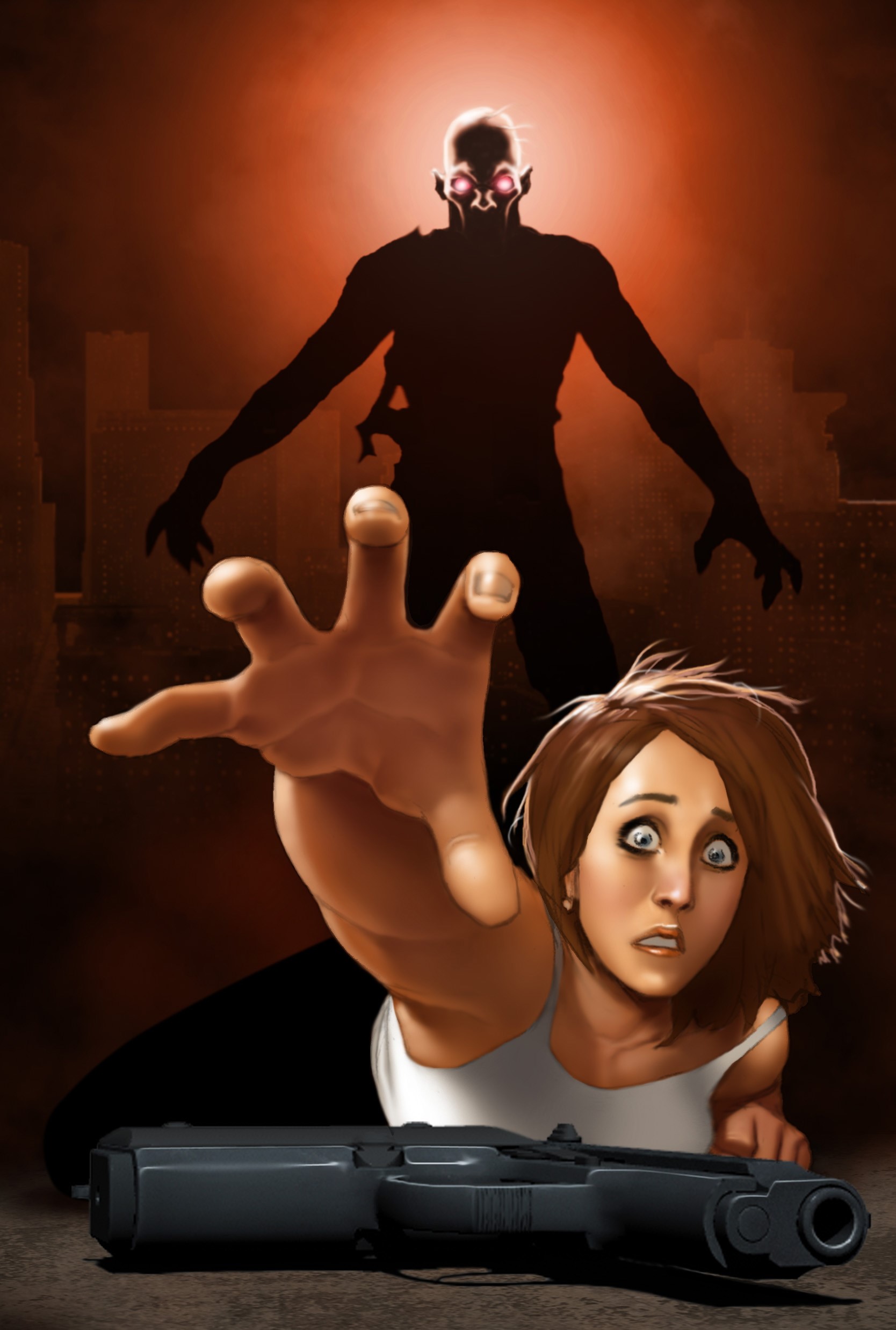 Woman reaching for pistol with monster behind her HD Phone Wallpaper
