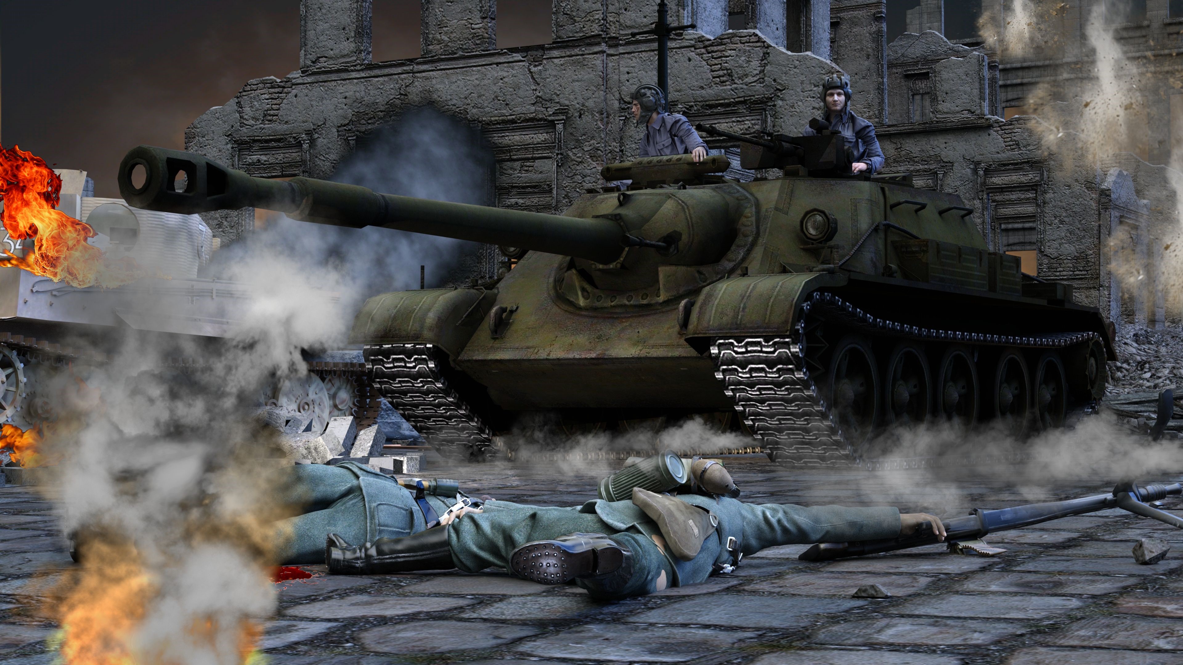 4K SU-122 SPG in destroyed city HD Wallpaper