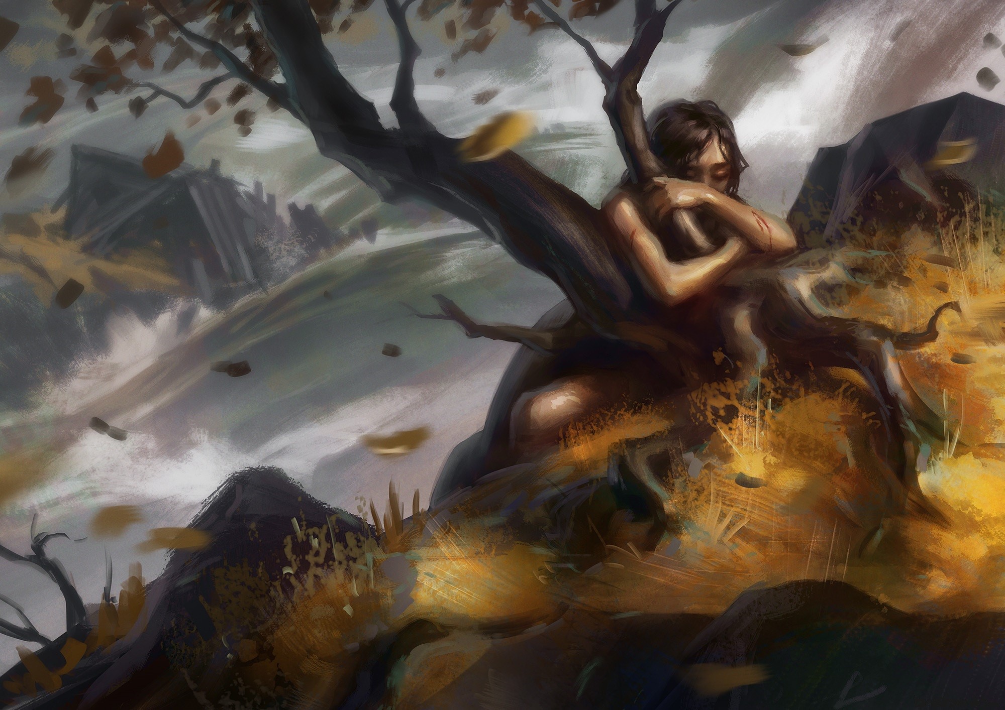 Person hugging a tree in a desolate landscape HD Wallpaper