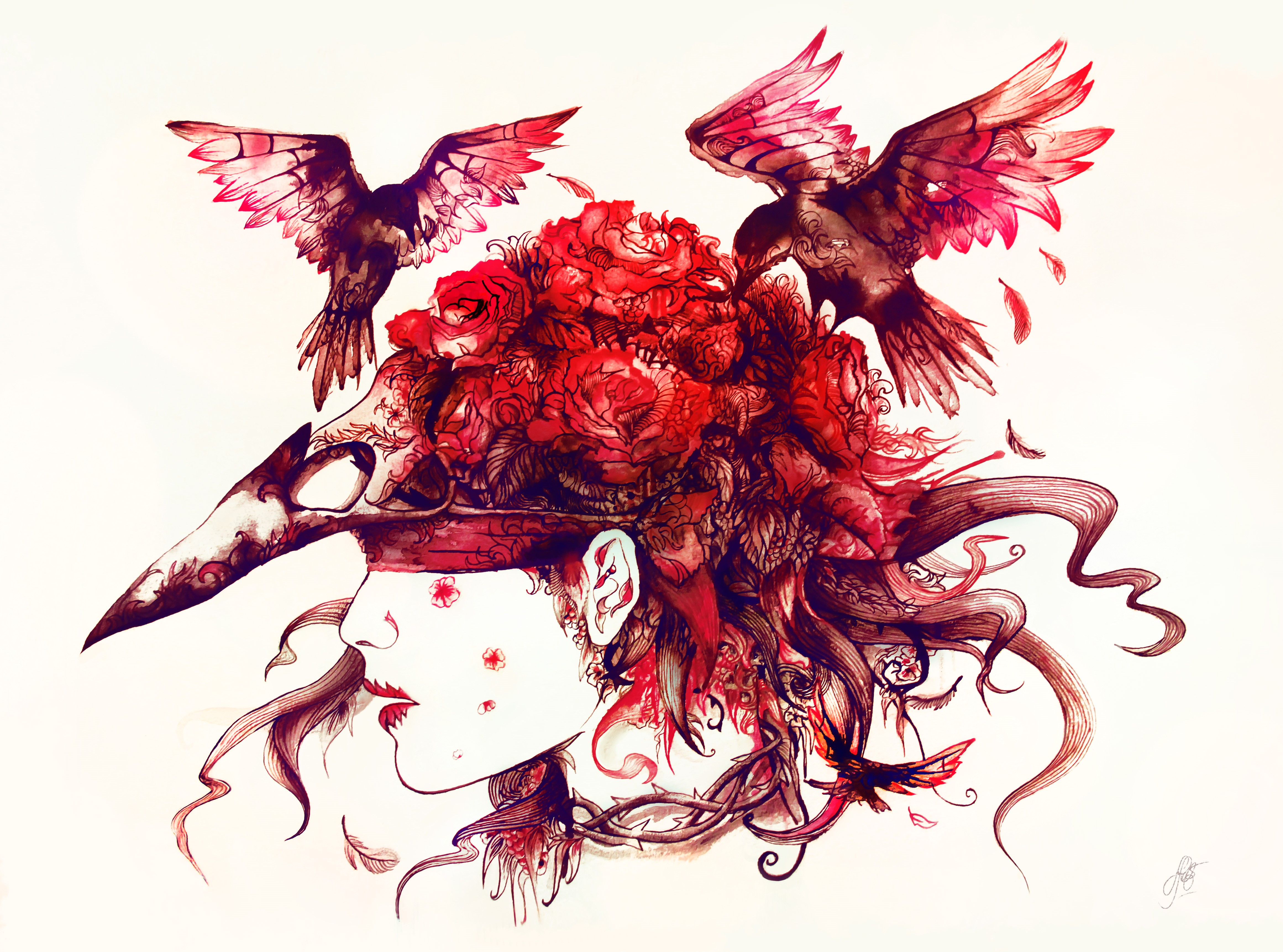 Gothic Fantasy Head with Birds and Roses HD Wallpaper
