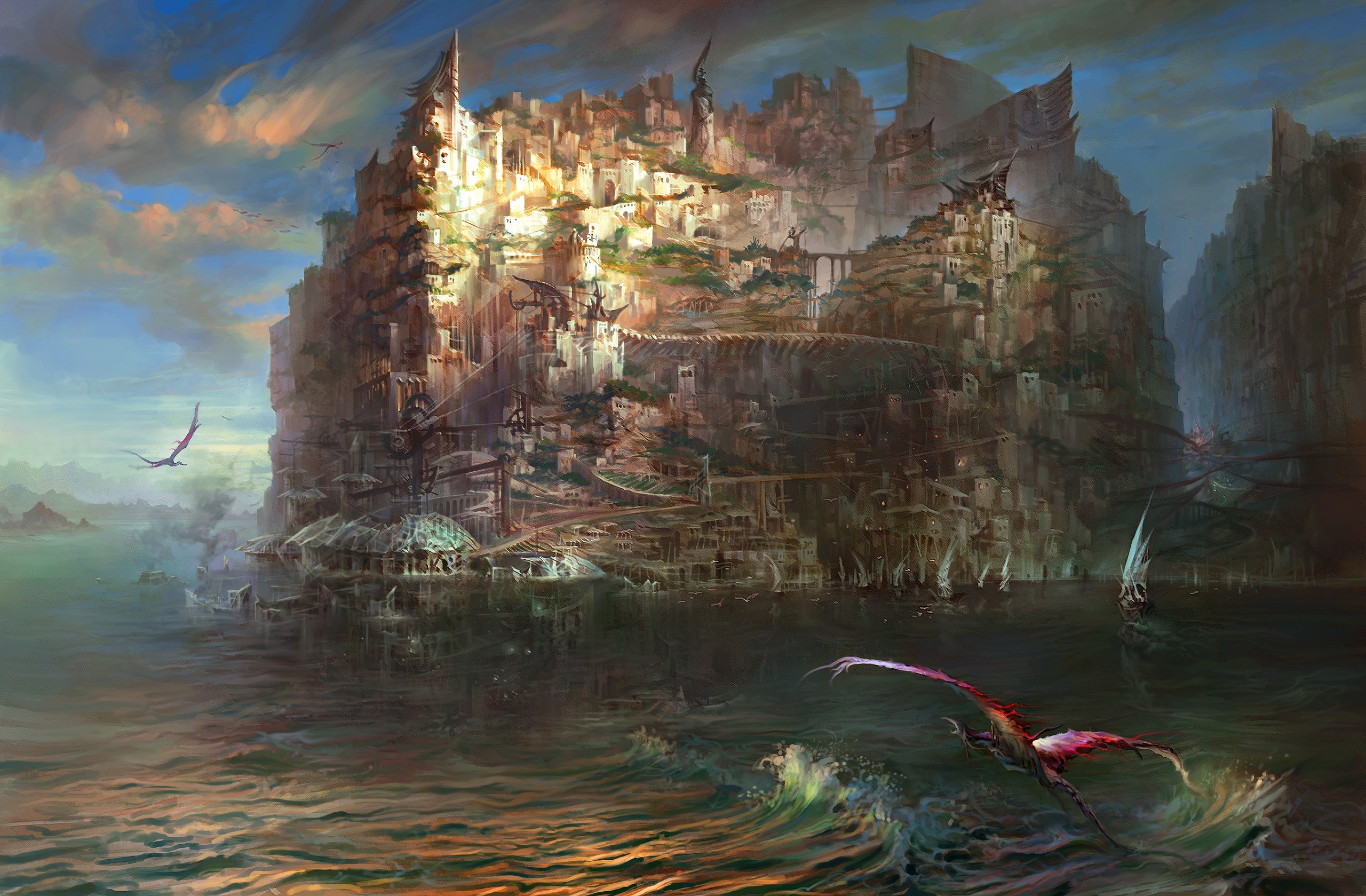 Fantastic world with a city built on cliffs and dragons flying HD Wallpaper