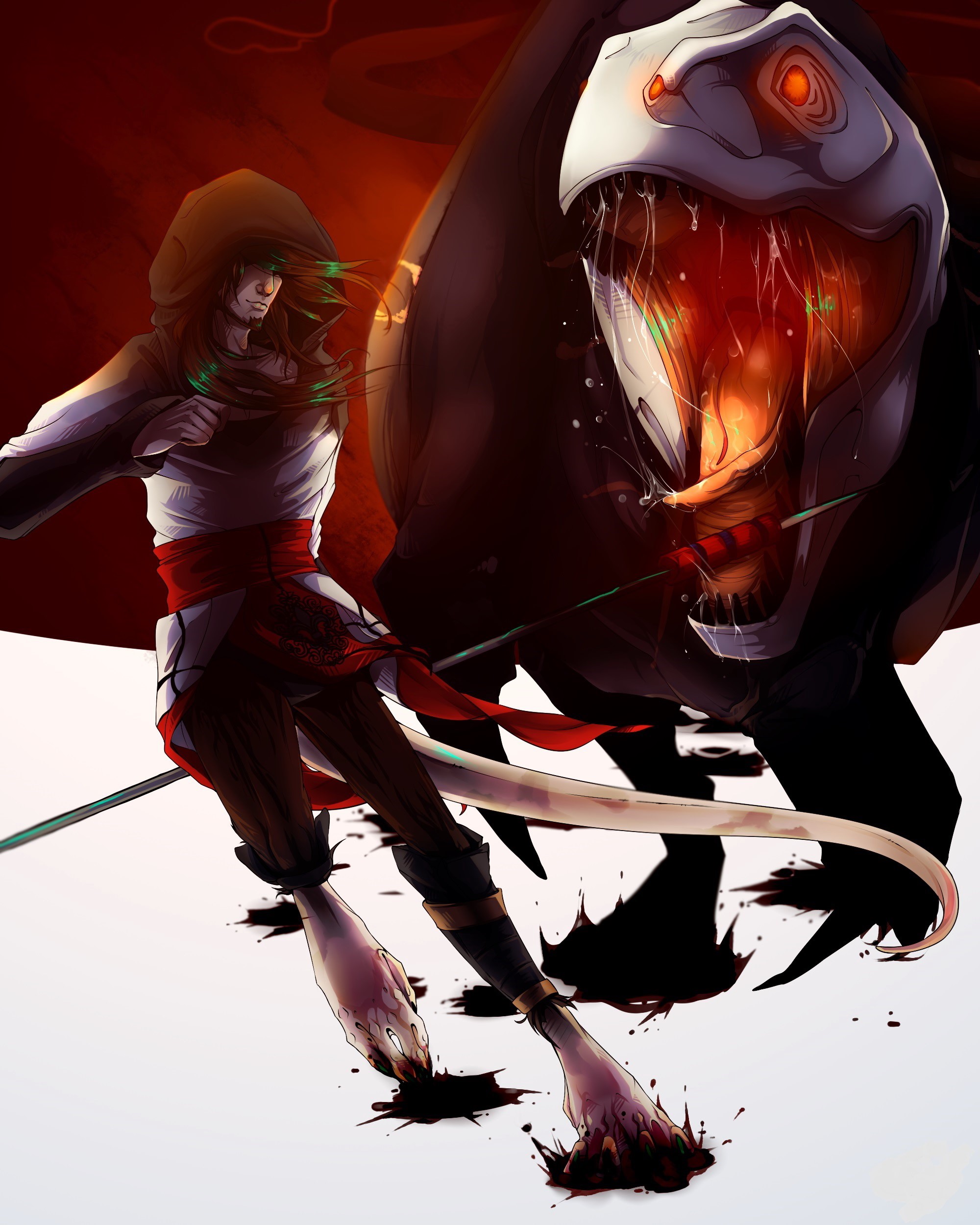 Warrior fighting a dinosaur creature HD Phone Wallpaper