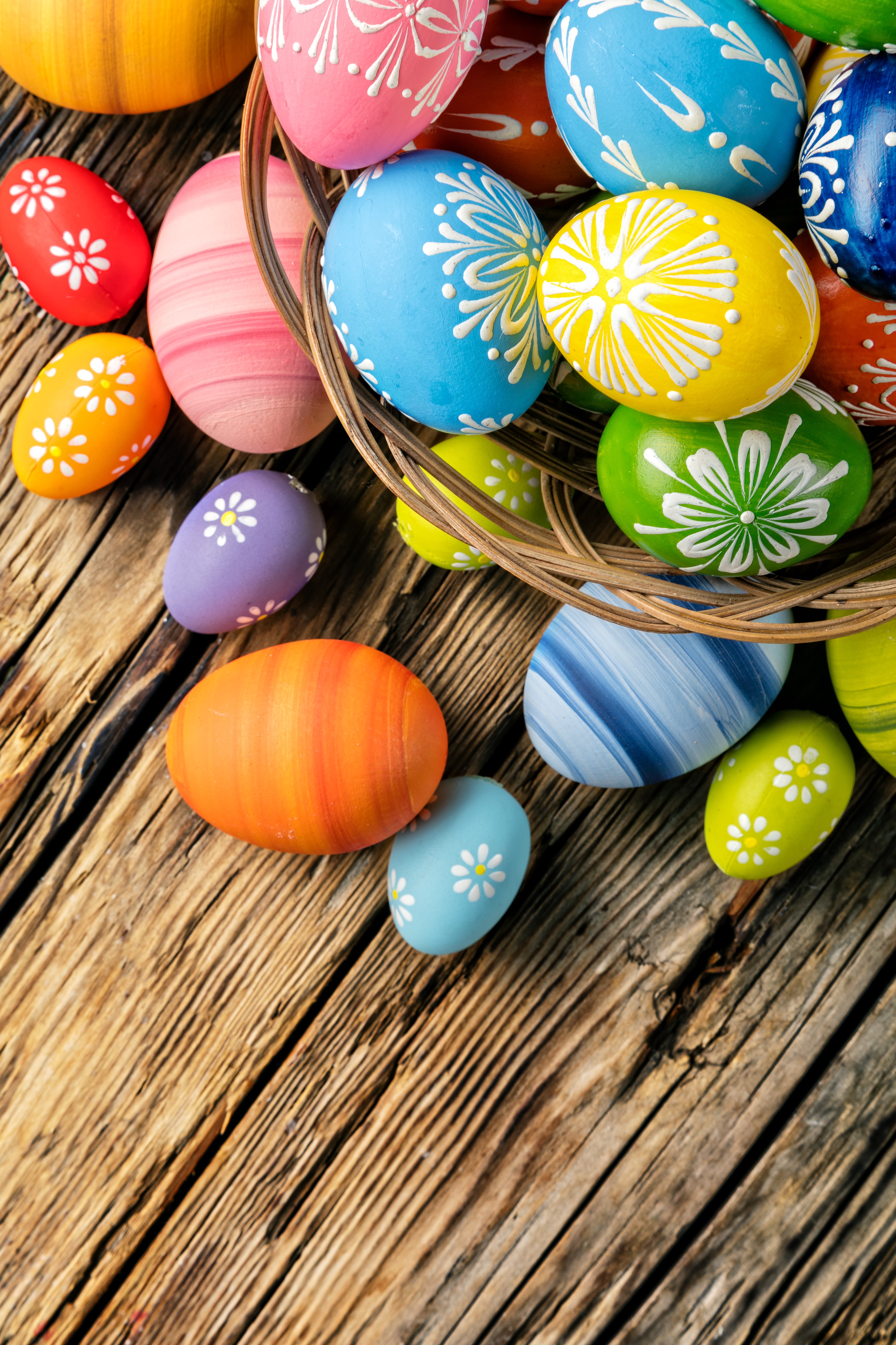 Easter Eggs in a Basket on Wooden Surface HD Phone Wallpaper