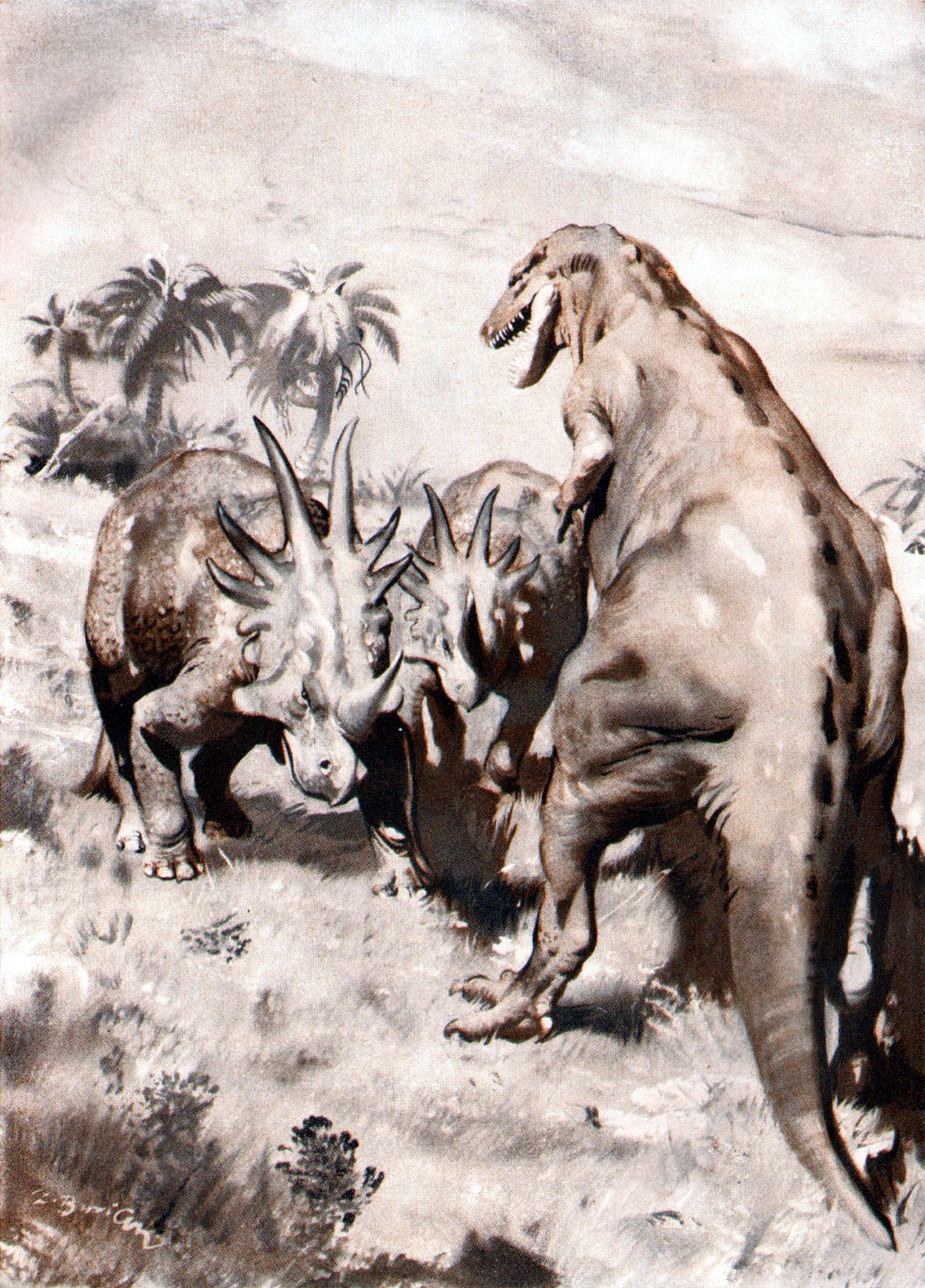Tyrannosaurus Rex attacking Styracosaurus dinosaurs by Zdenek Burian HD Phone Wallpaper