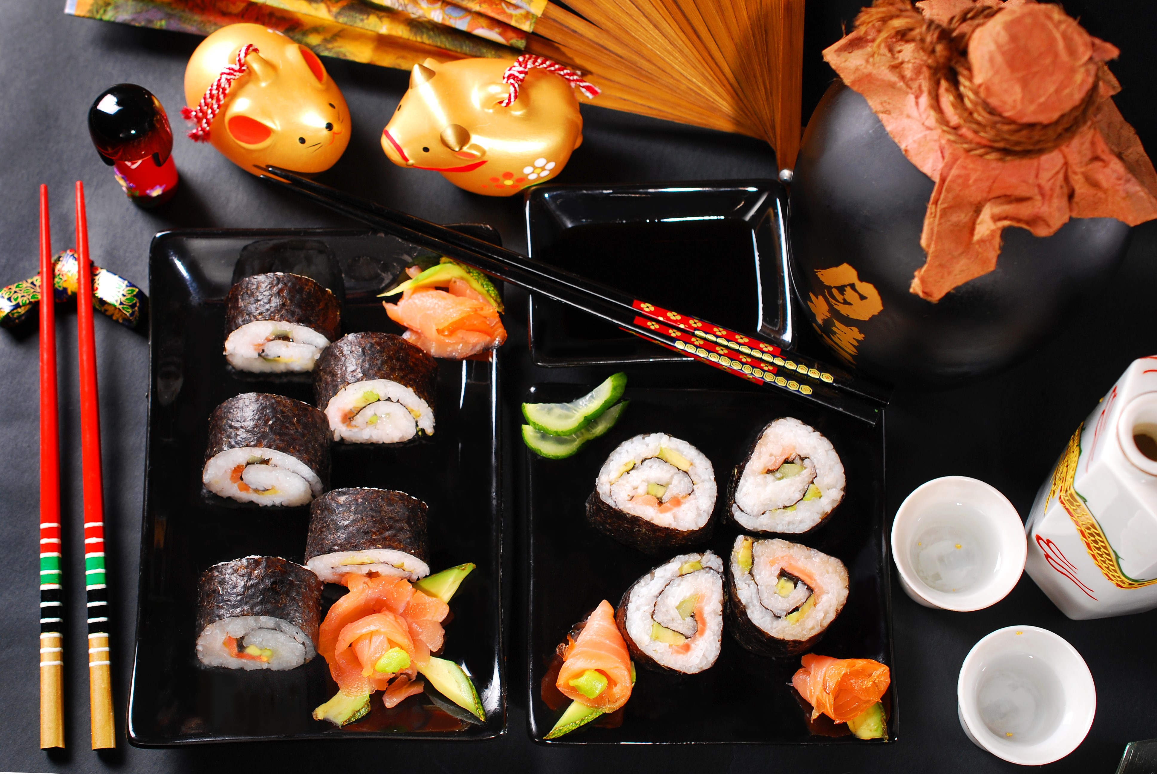 Sushi and Sake Set with Japanese Decorations HD Wallpaper