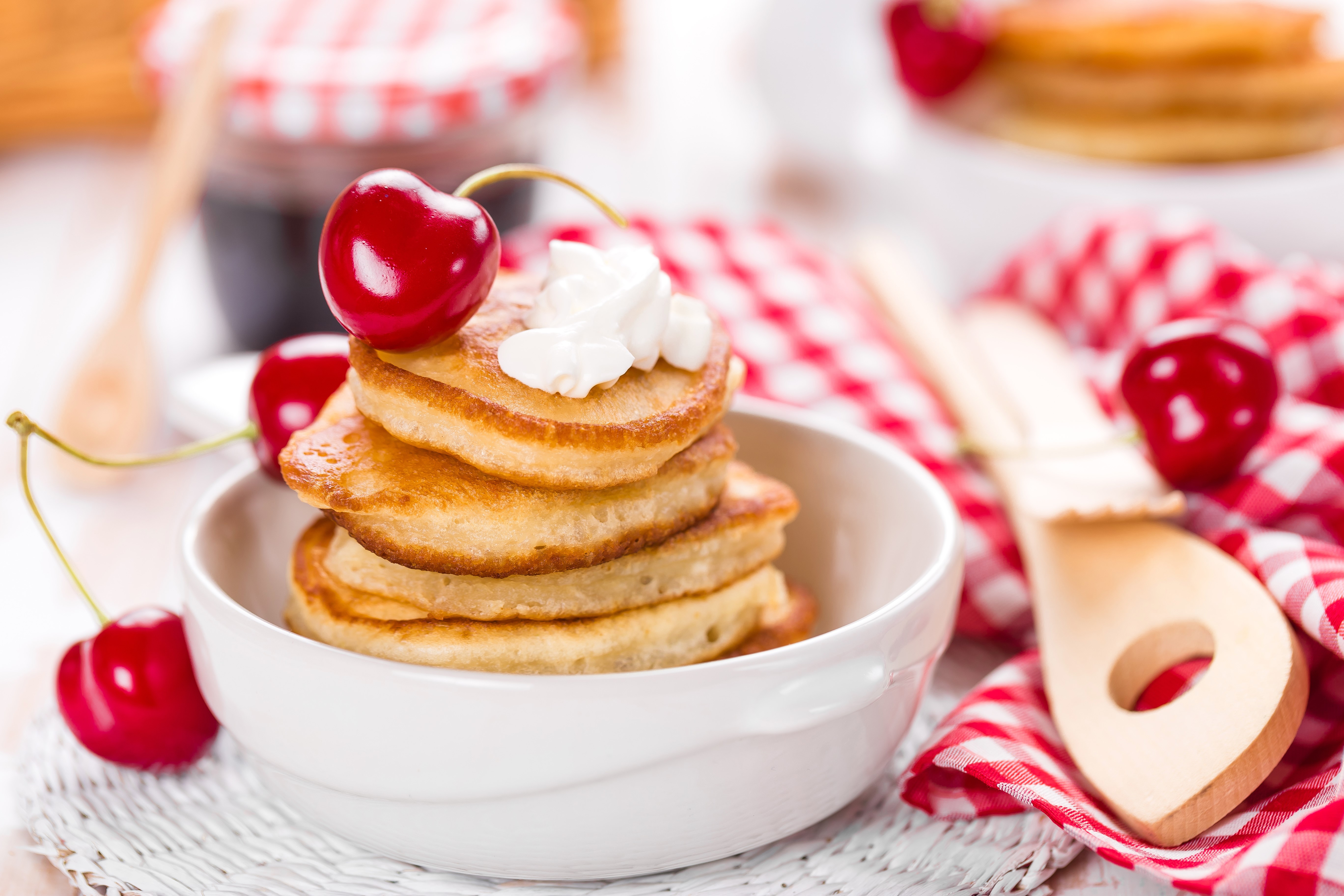 Pancakes with Cherries and Whipped Cream HD Wallpaper