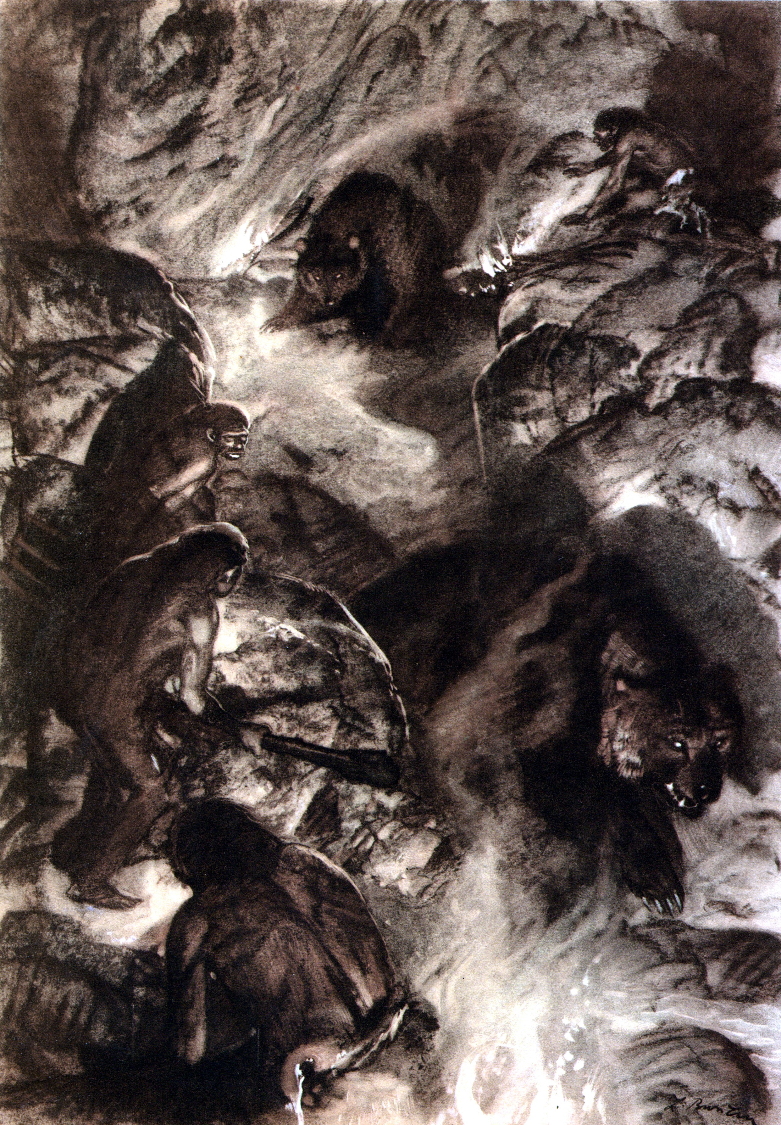 Cavemen confronting bears in a cave HD Phone Wallpaper