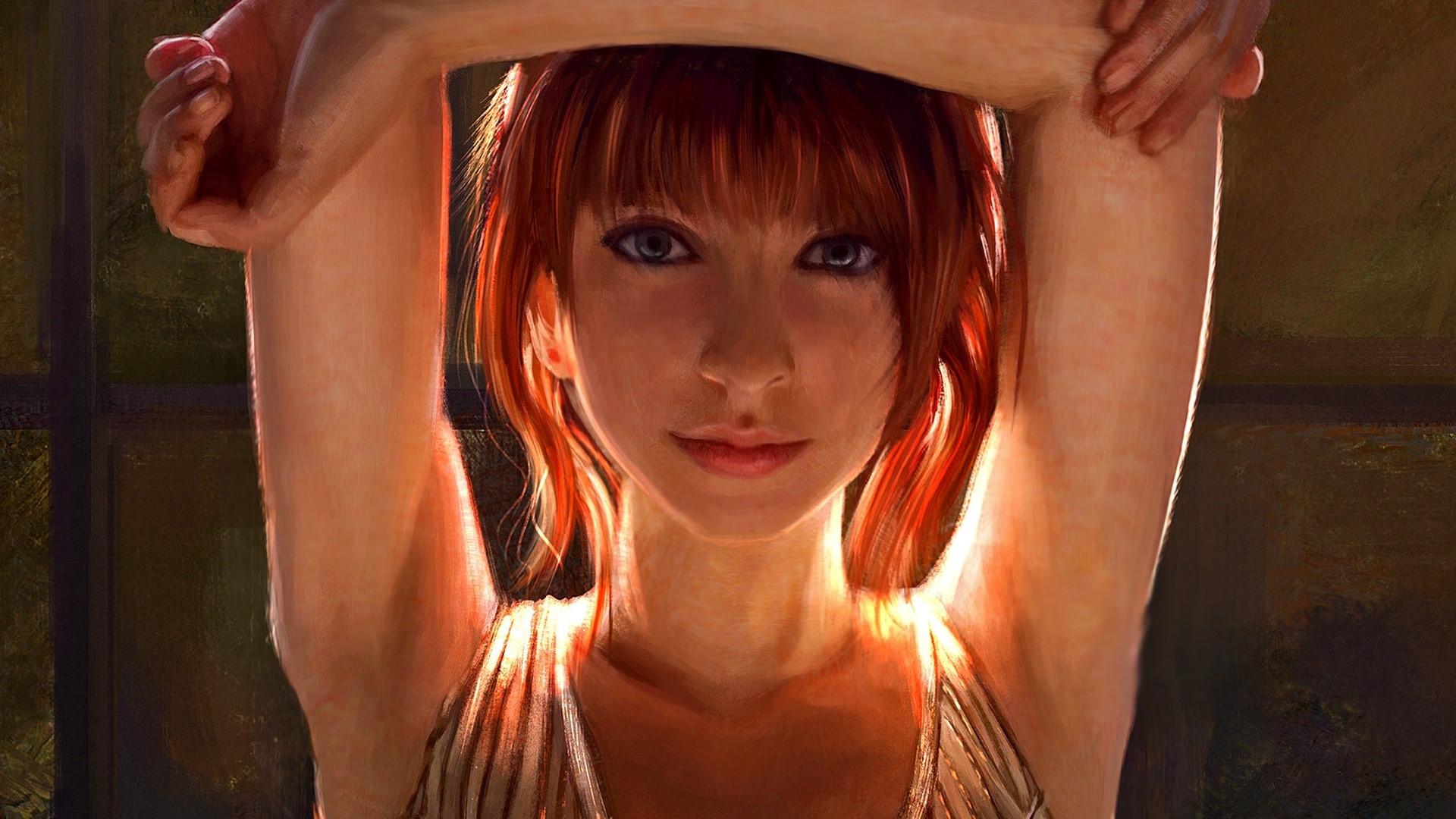 Painting of a redhead girl with arms raised HD Wallpaper