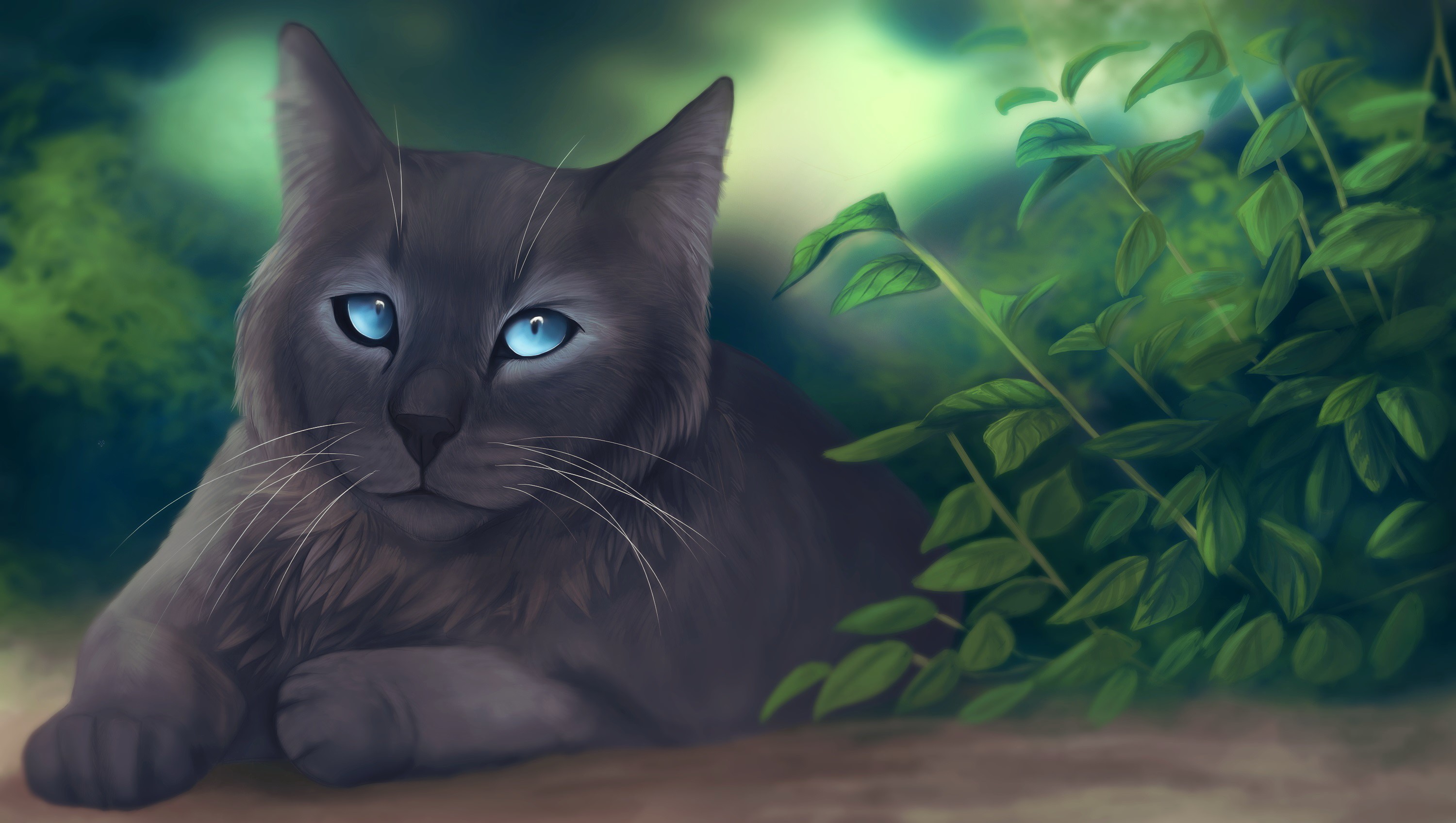 Grey cat with blue eyes in foliage HD Wallpaper