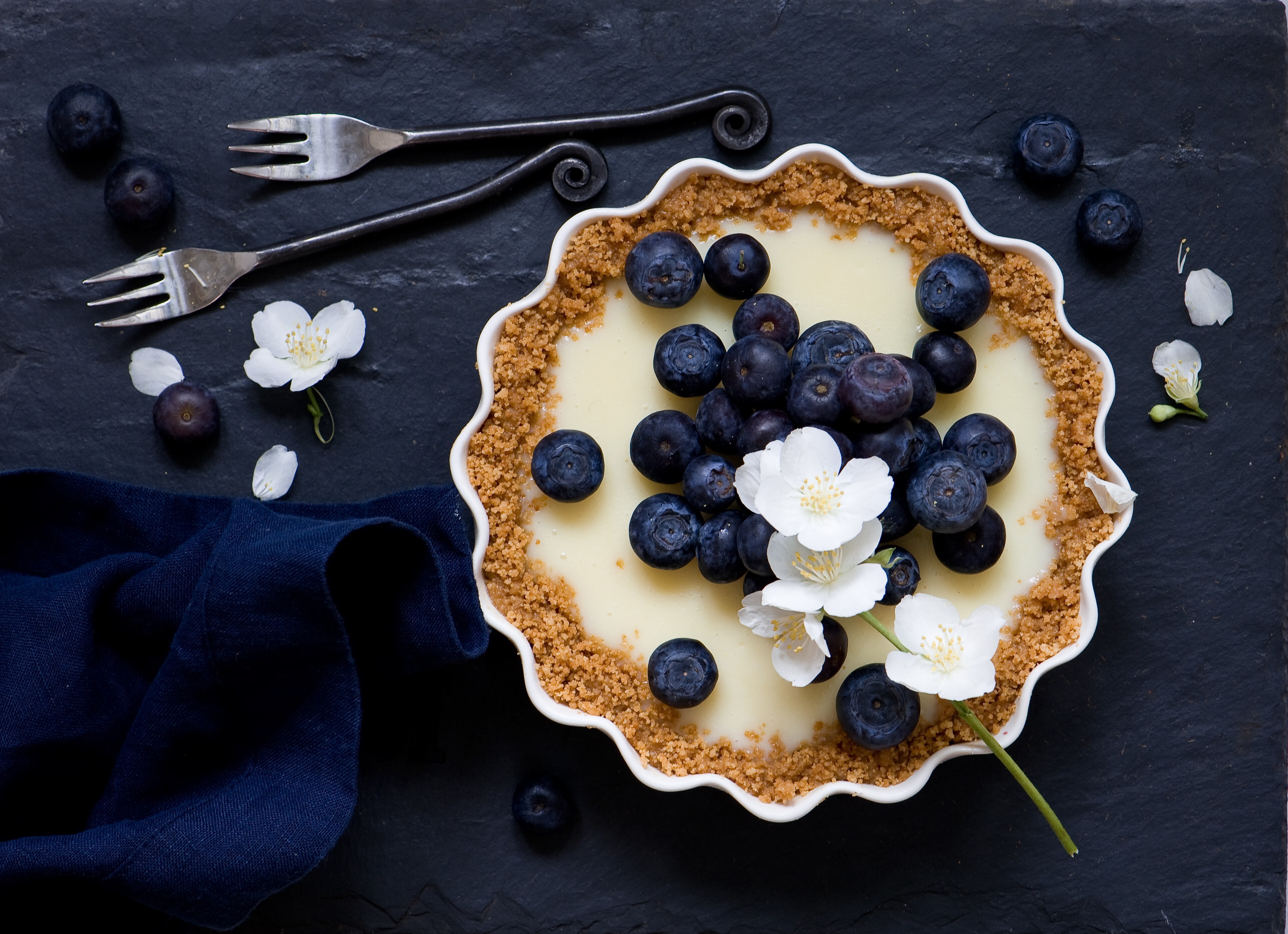 Blueberry Pie with White Flowers and Forks HD Wallpaper