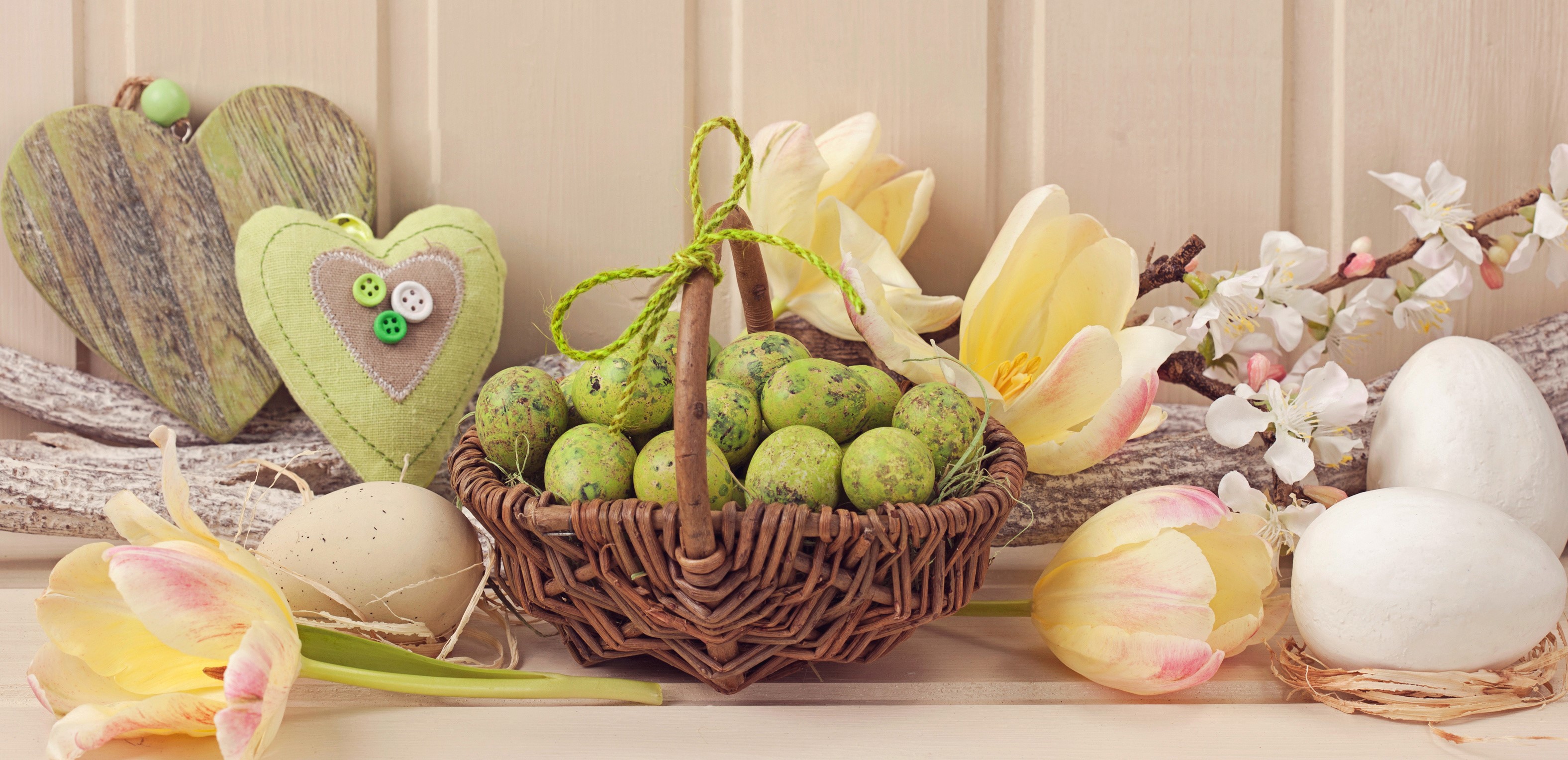 Easter Eggs and Tulips in a Wicker Basket HD Wallpaper