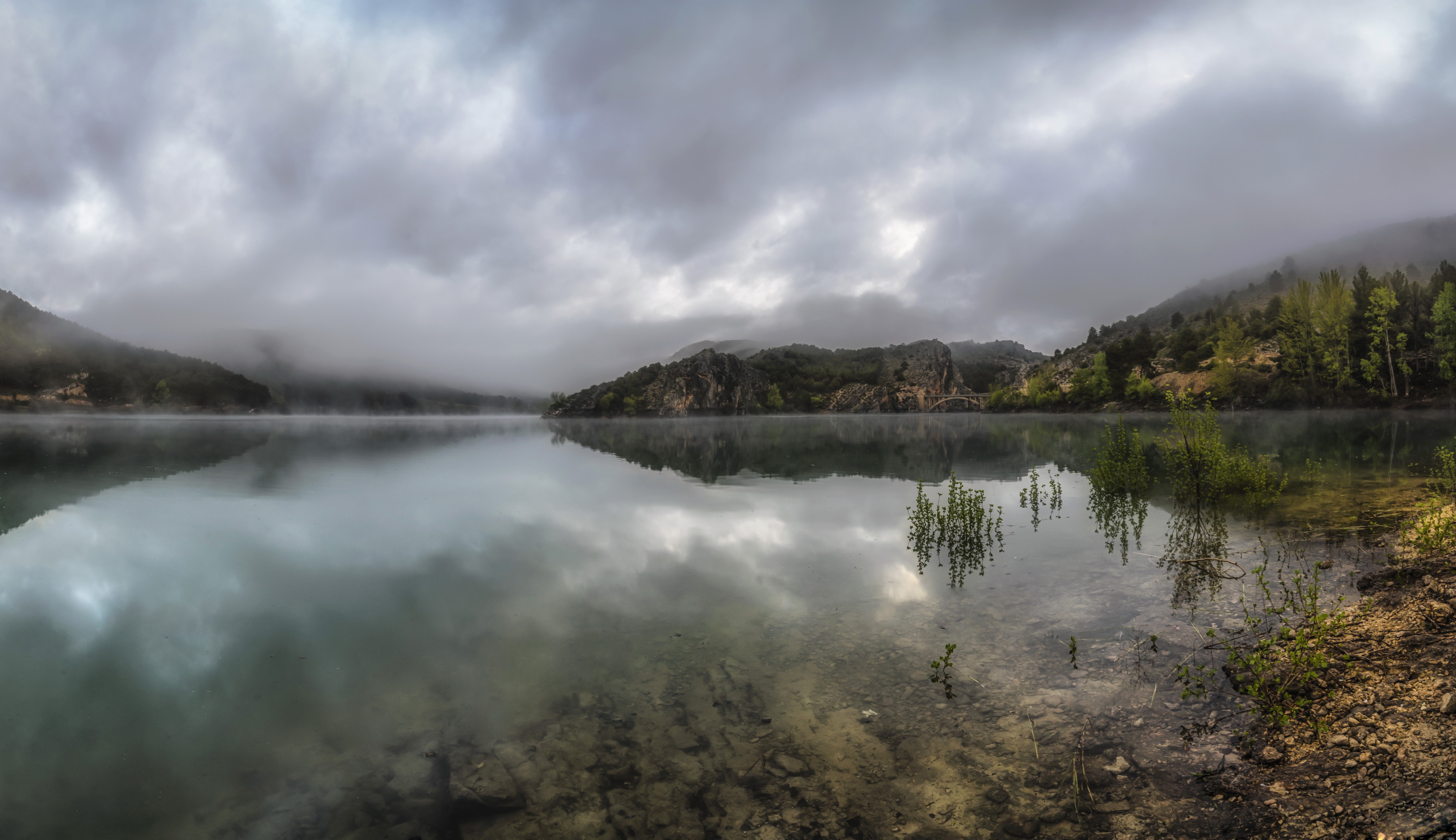 Misty lake with mountains and forest in Aragon, Spain HD Wallpaper