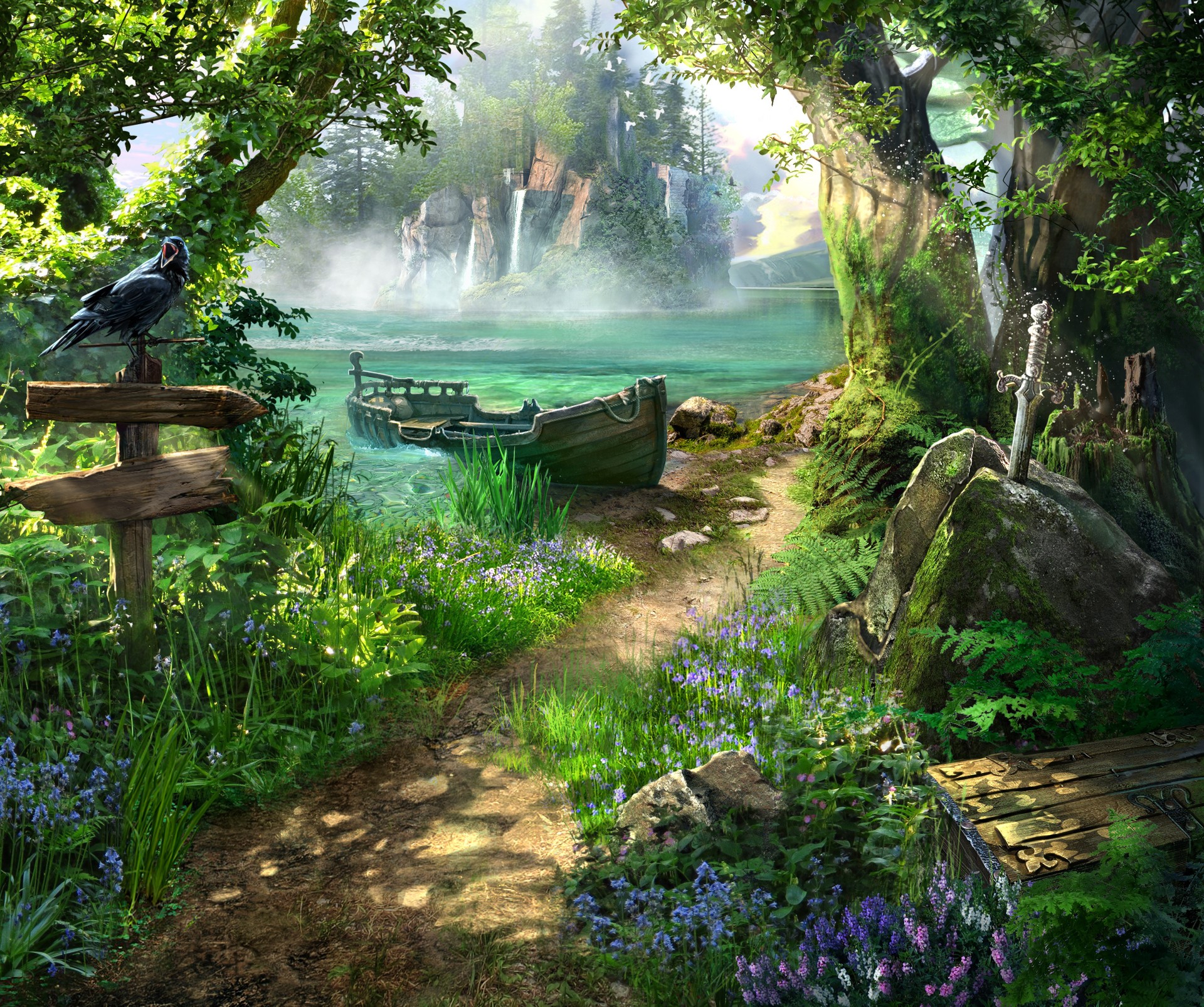 Fantasy forest path with boat and sword HD Wallpaper