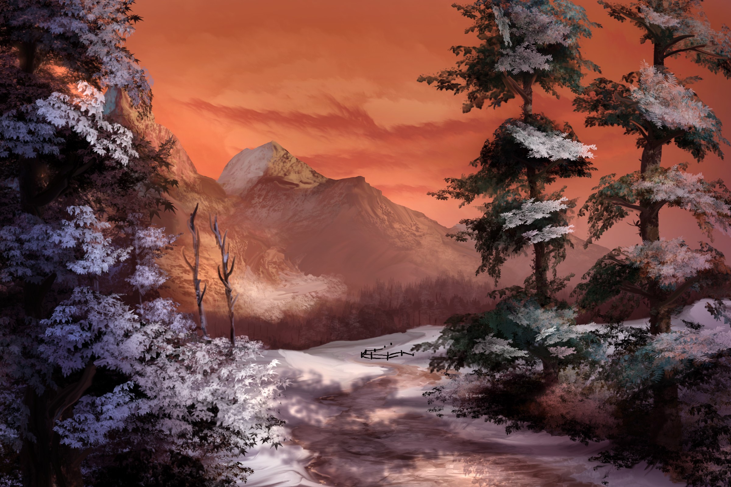 Winter mountain landscape painting with snow-covered trees HD Wallpaper