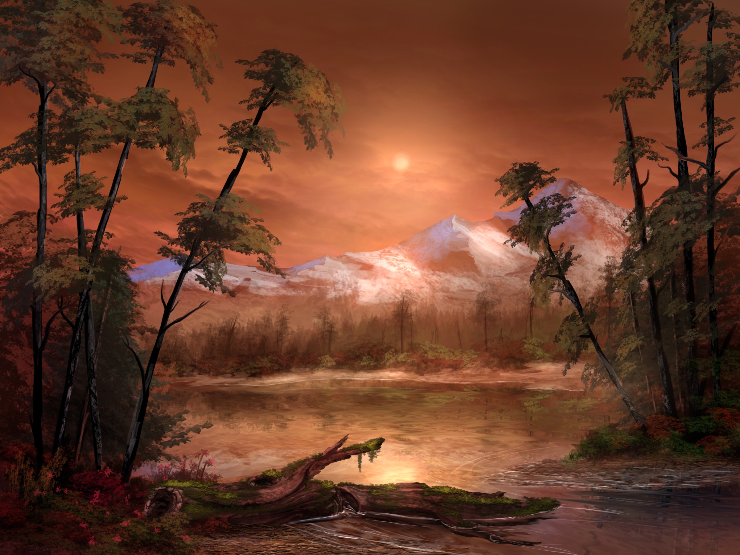 Painting of a lake and mountains at sunset HD Wallpaper