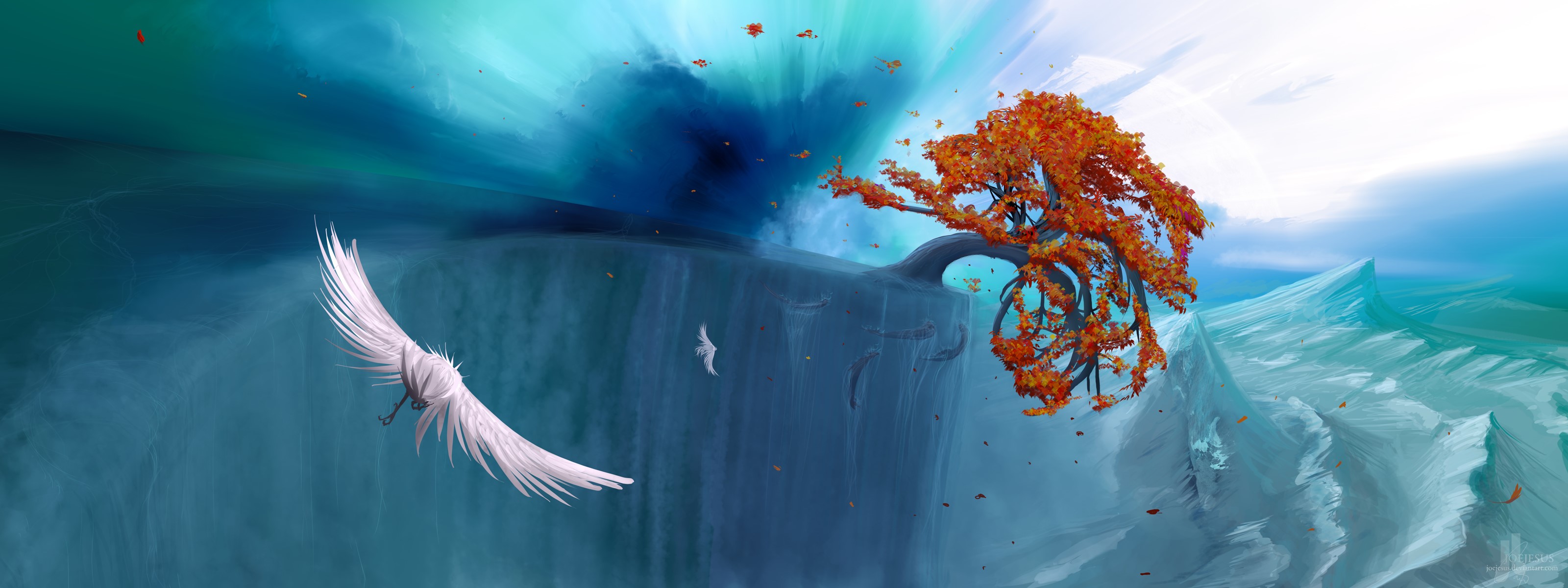 White bird flying near a waterfall and a tree HD Wallpaper