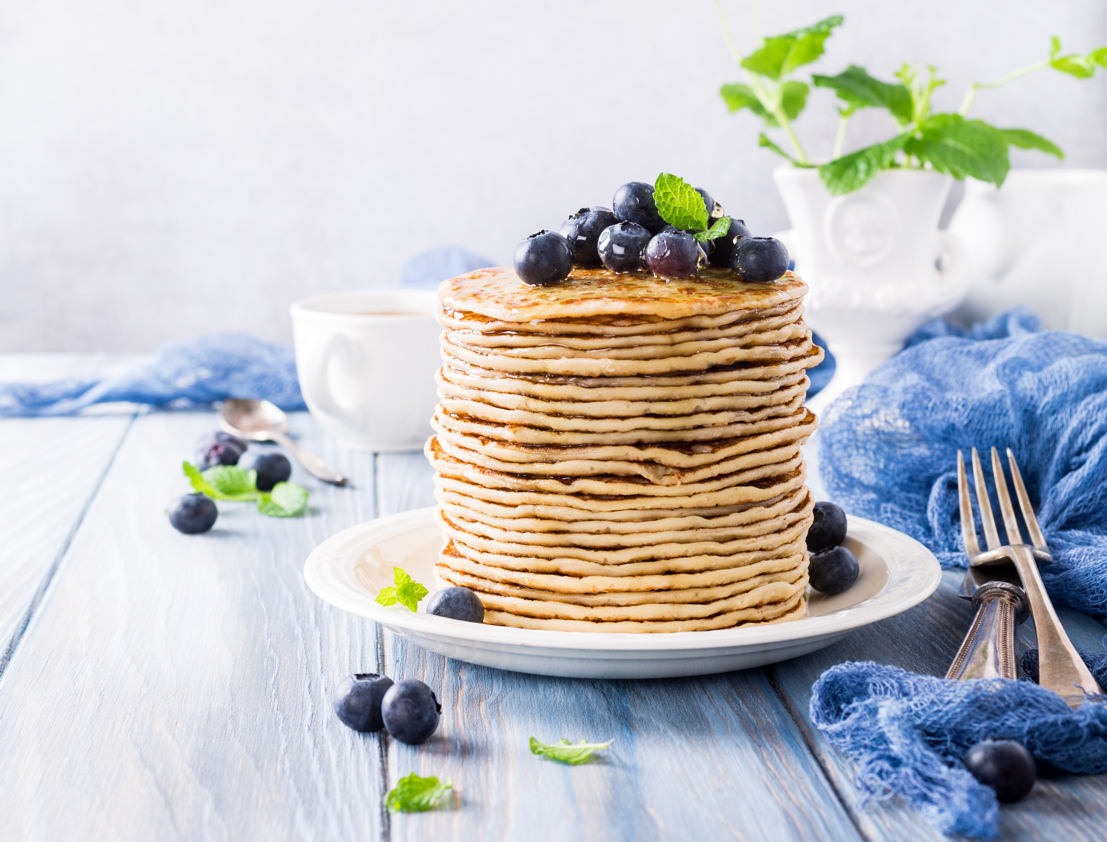 Stack of Pancakes with Blueberries and Mint HD Wallpaper