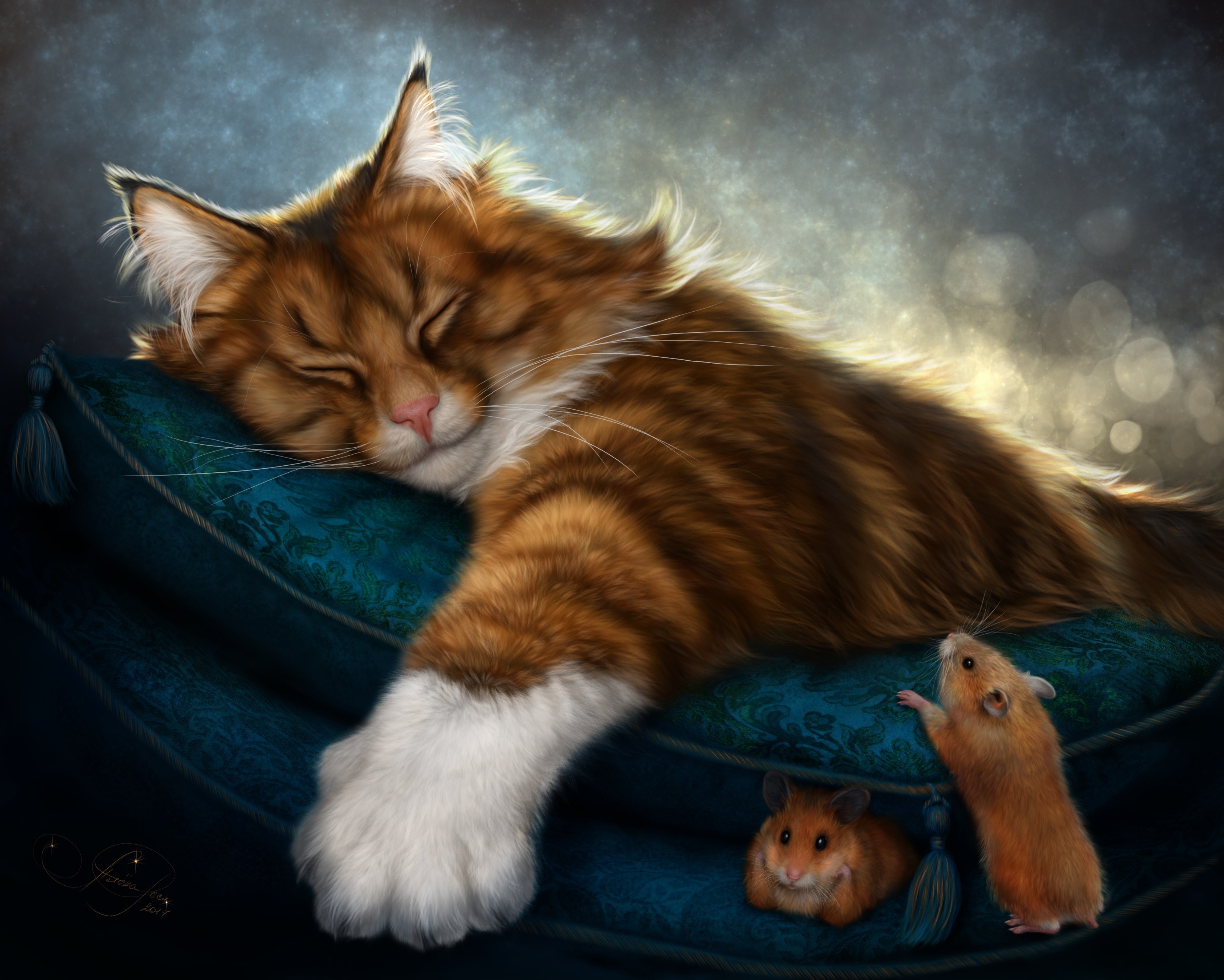 A sleeping cat with two hamsters on a pillow HD Wallpaper