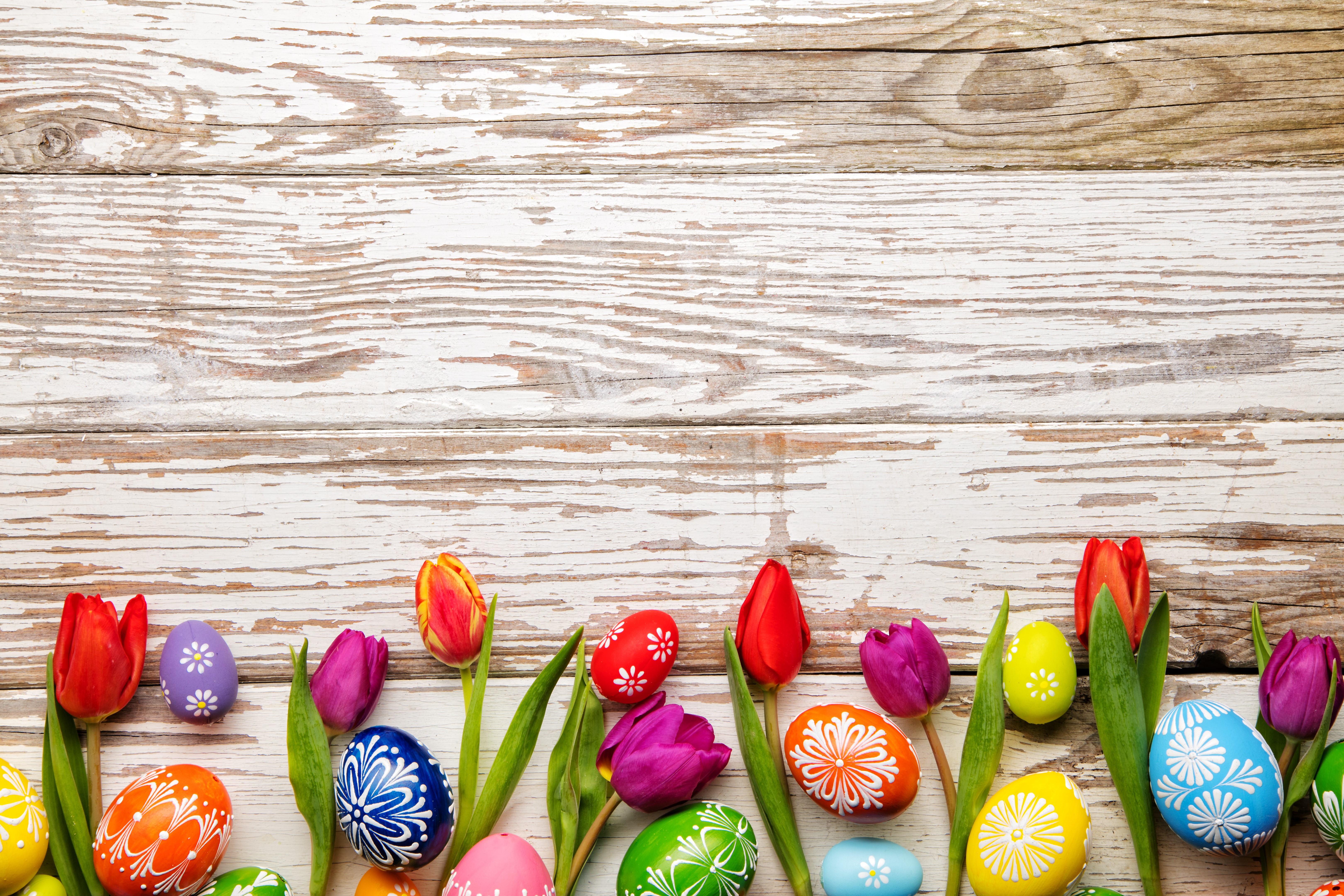 Easter Tulips and Painted Eggs on Wood Planks HD Wallpaper