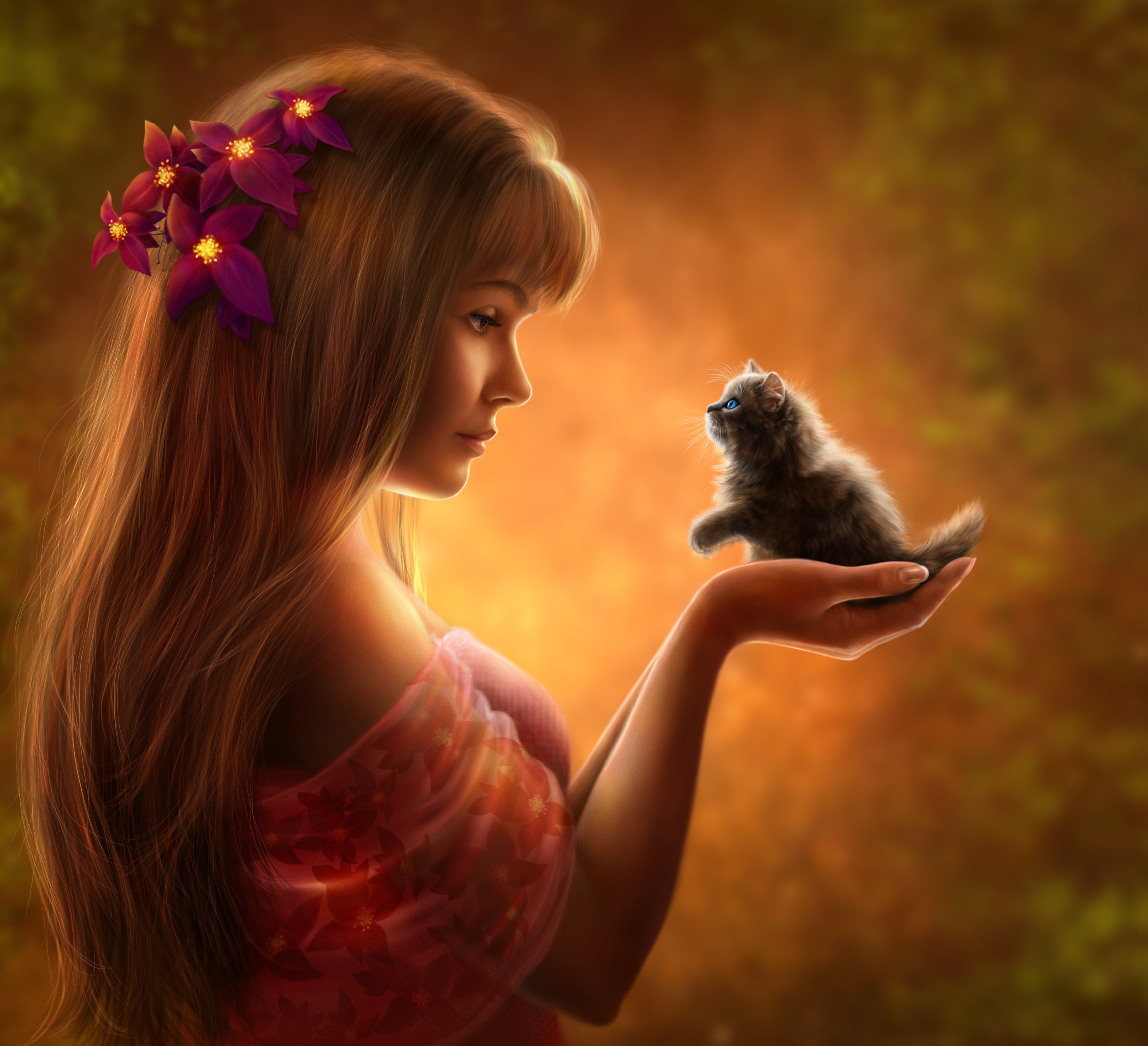 Girl with flowers in hair holding a kitten HD Wallpaper