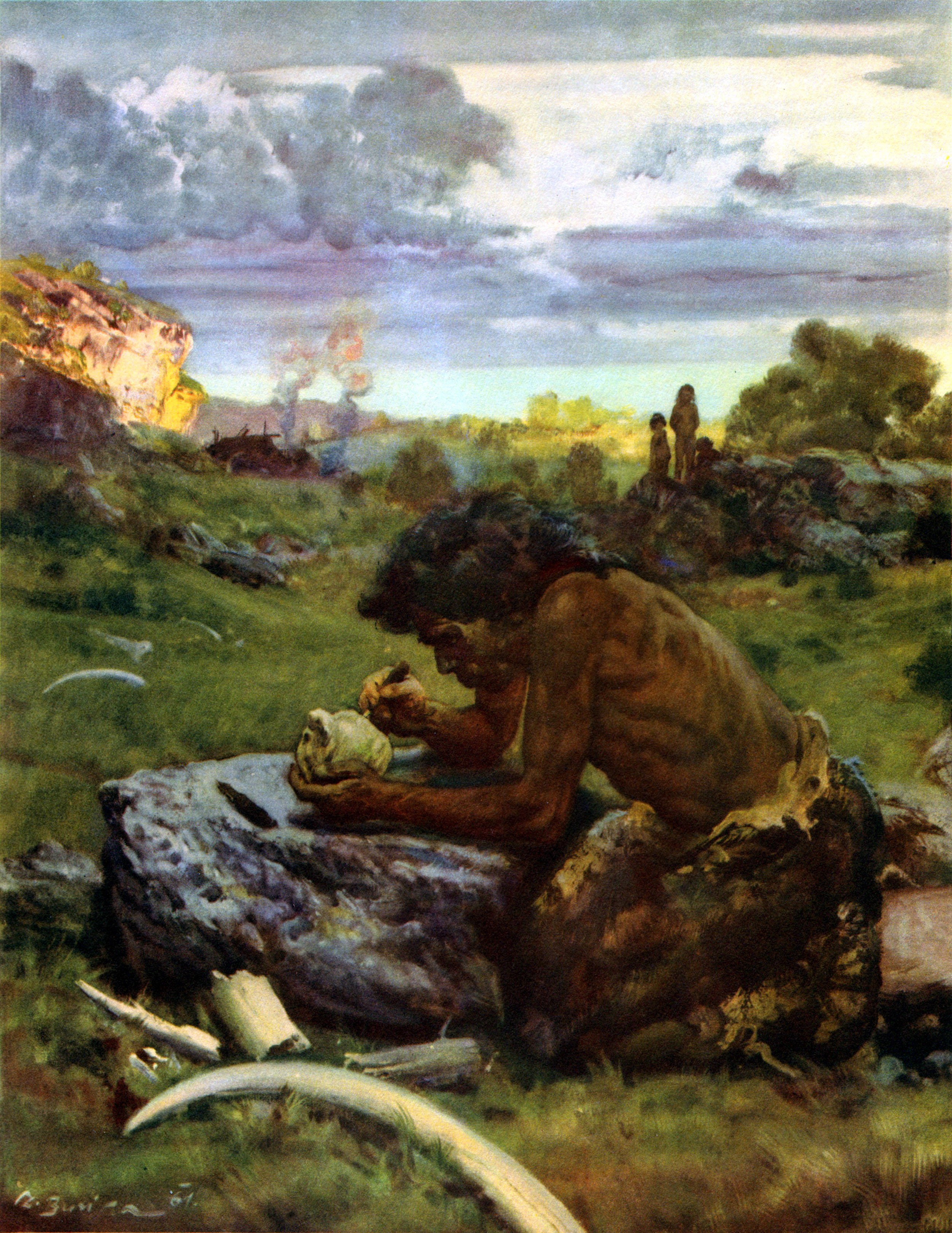 Prehistoric man carving bone by Zdenek Burian HD Phone Wallpaper
