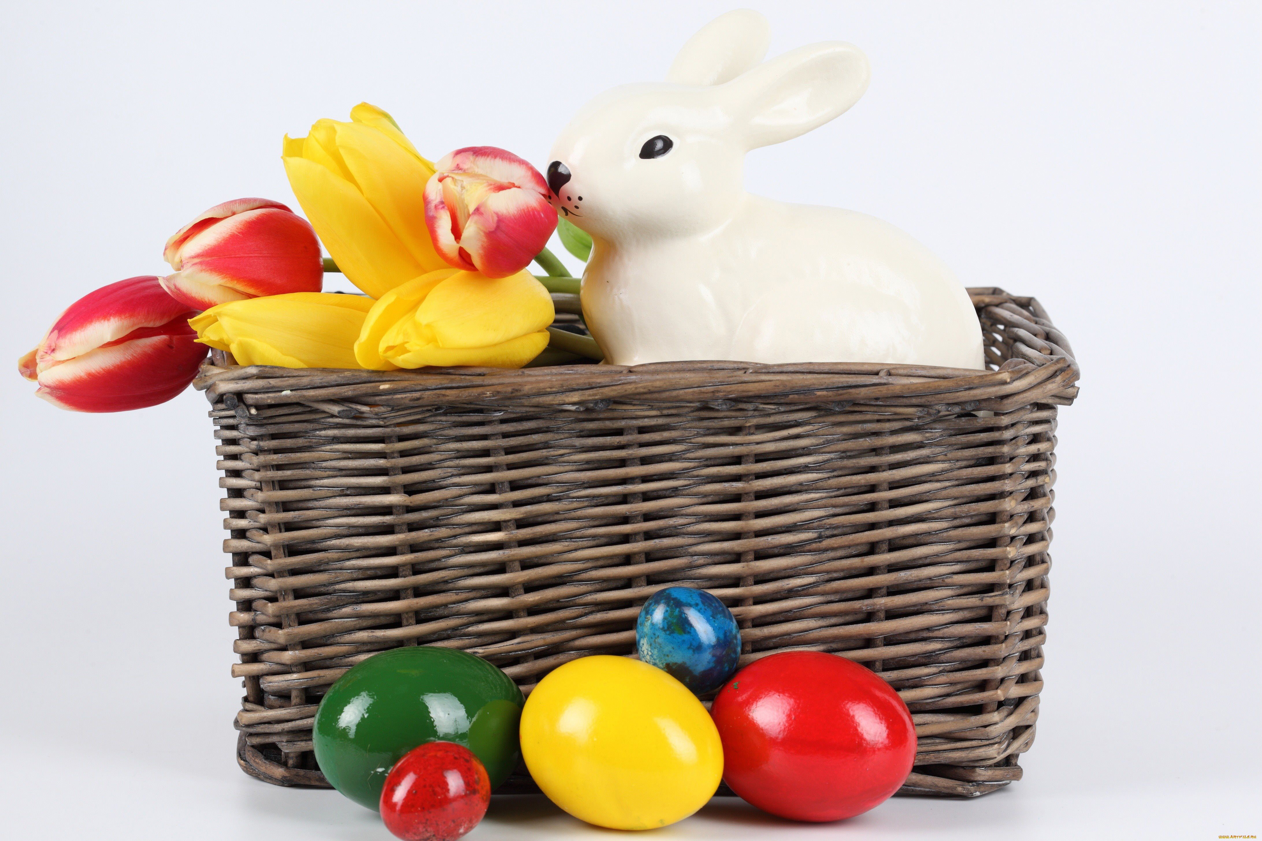 Easter basket with tulips, bunny, and eggs HD Wallpaper