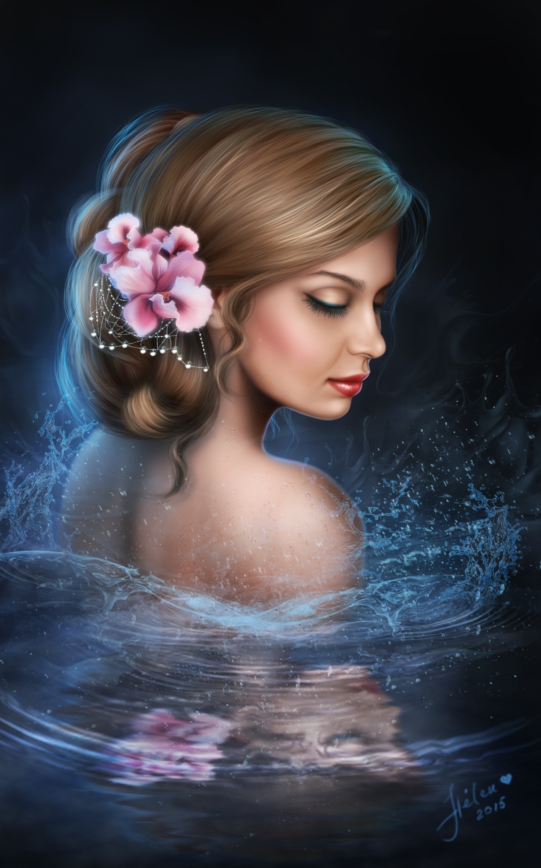 Woman with pink flowers in her hair in water HD Phone Wallpaper