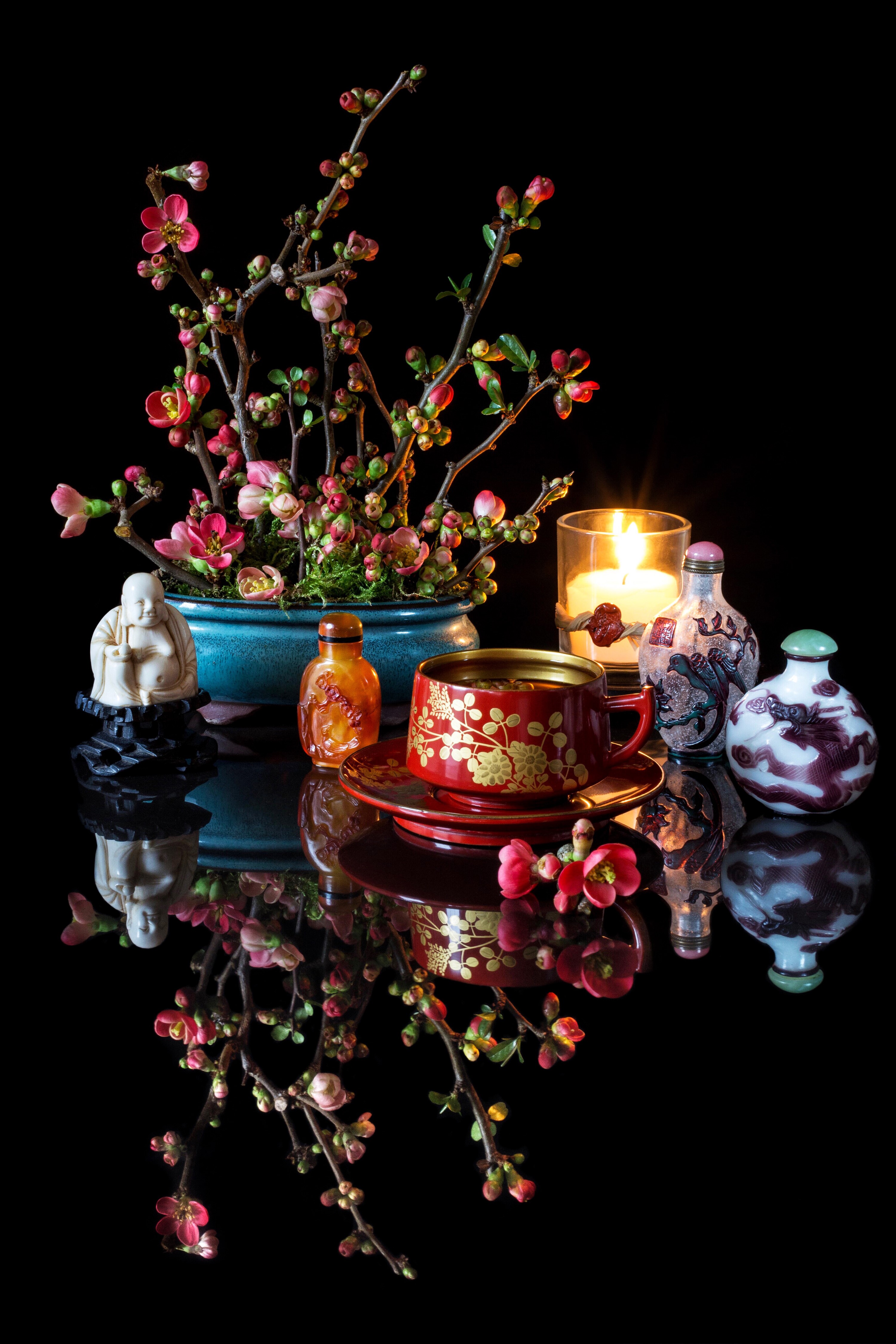 Still life with flowering branches, cup, and bottles HD Phone Wallpaper