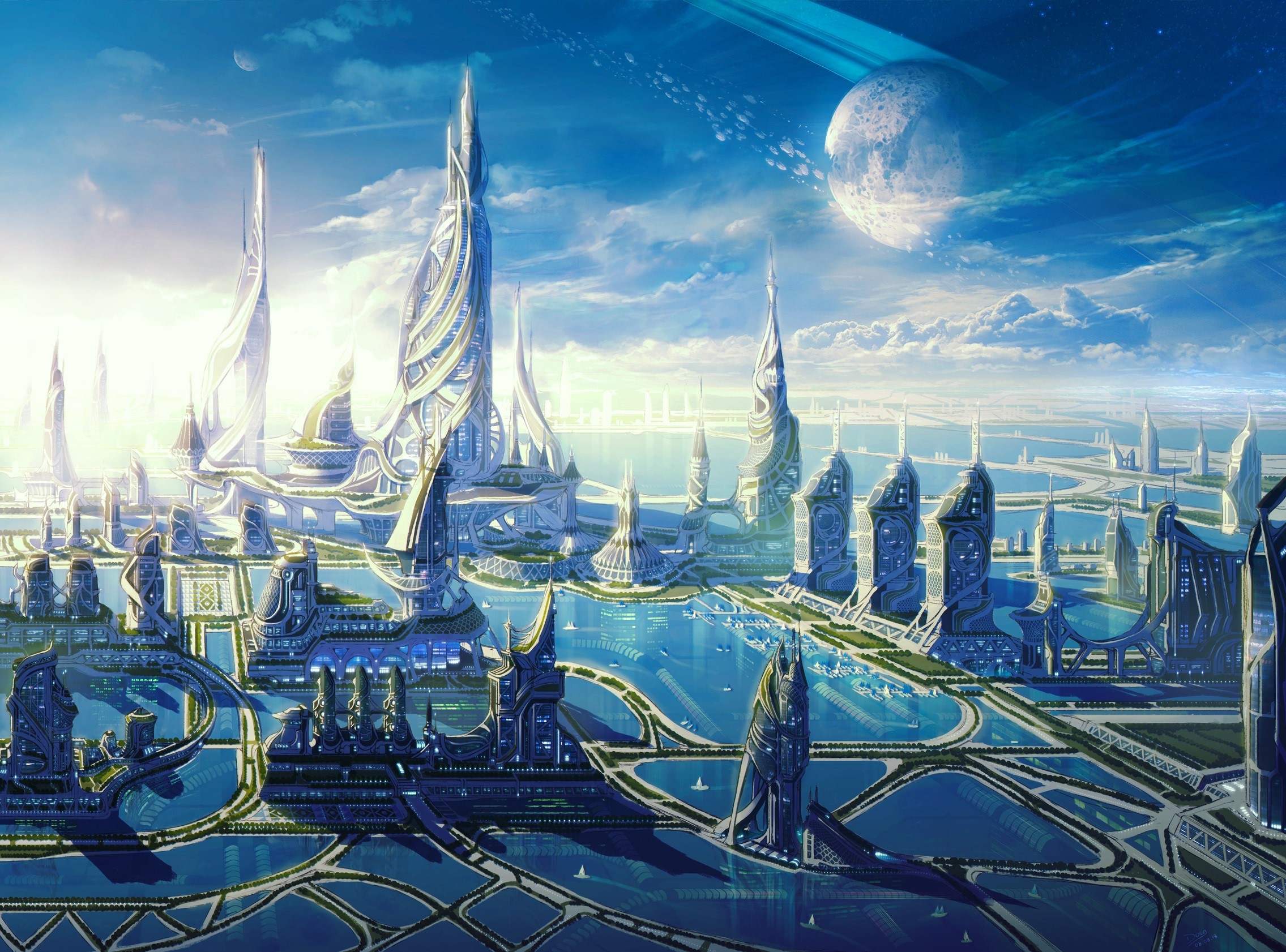 Futuristic city with advanced architecture and a planet in the sky HD Wallpaper