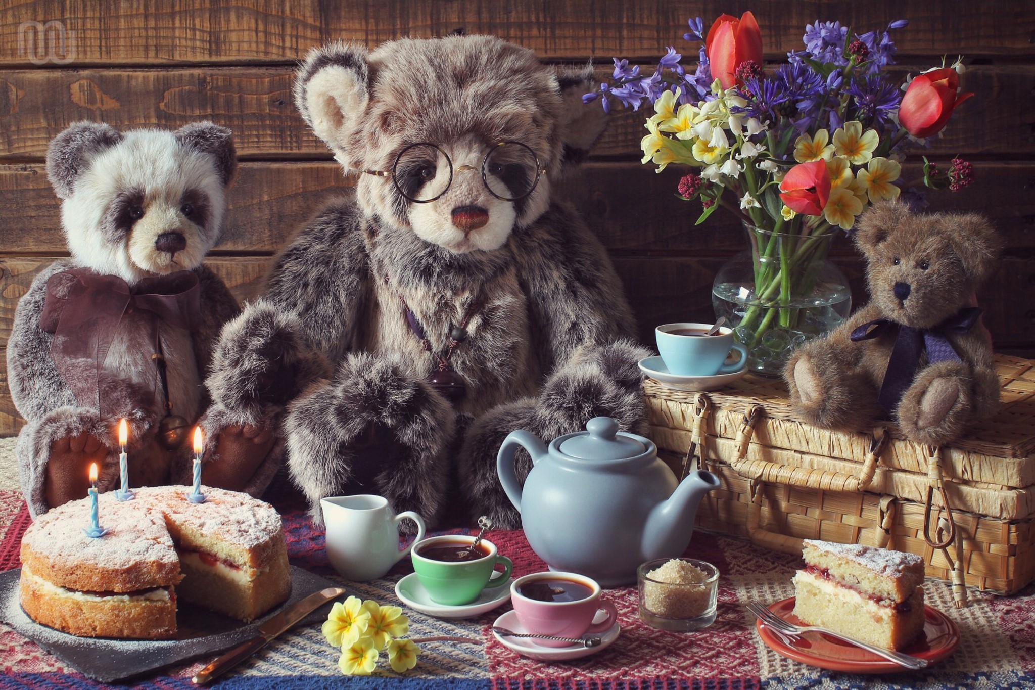 Teddy bears having a tea party with cake and flowers HD Wallpaper