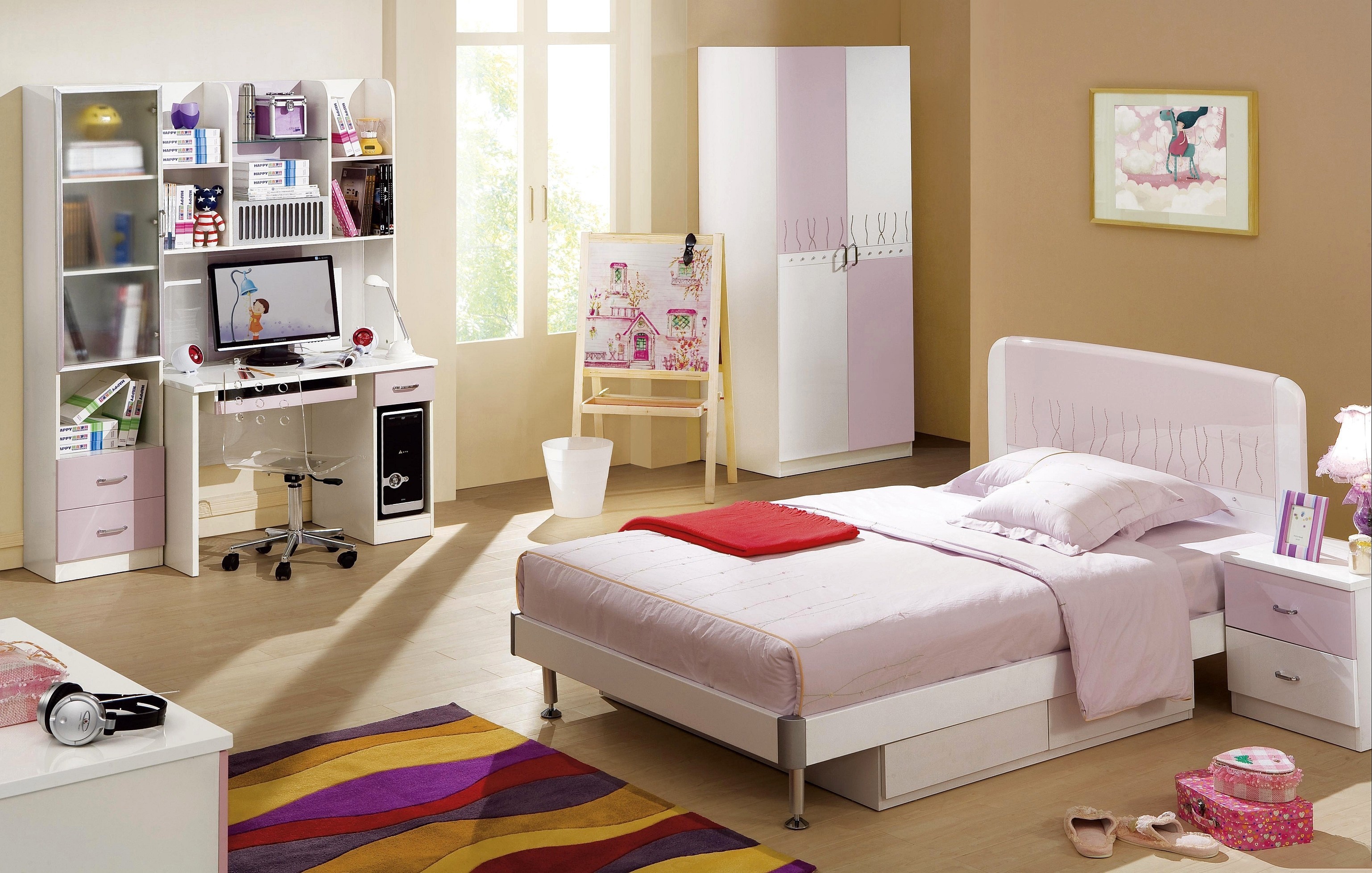 Children's bedroom with bed, desk, and wardrobe HD Wallpaper