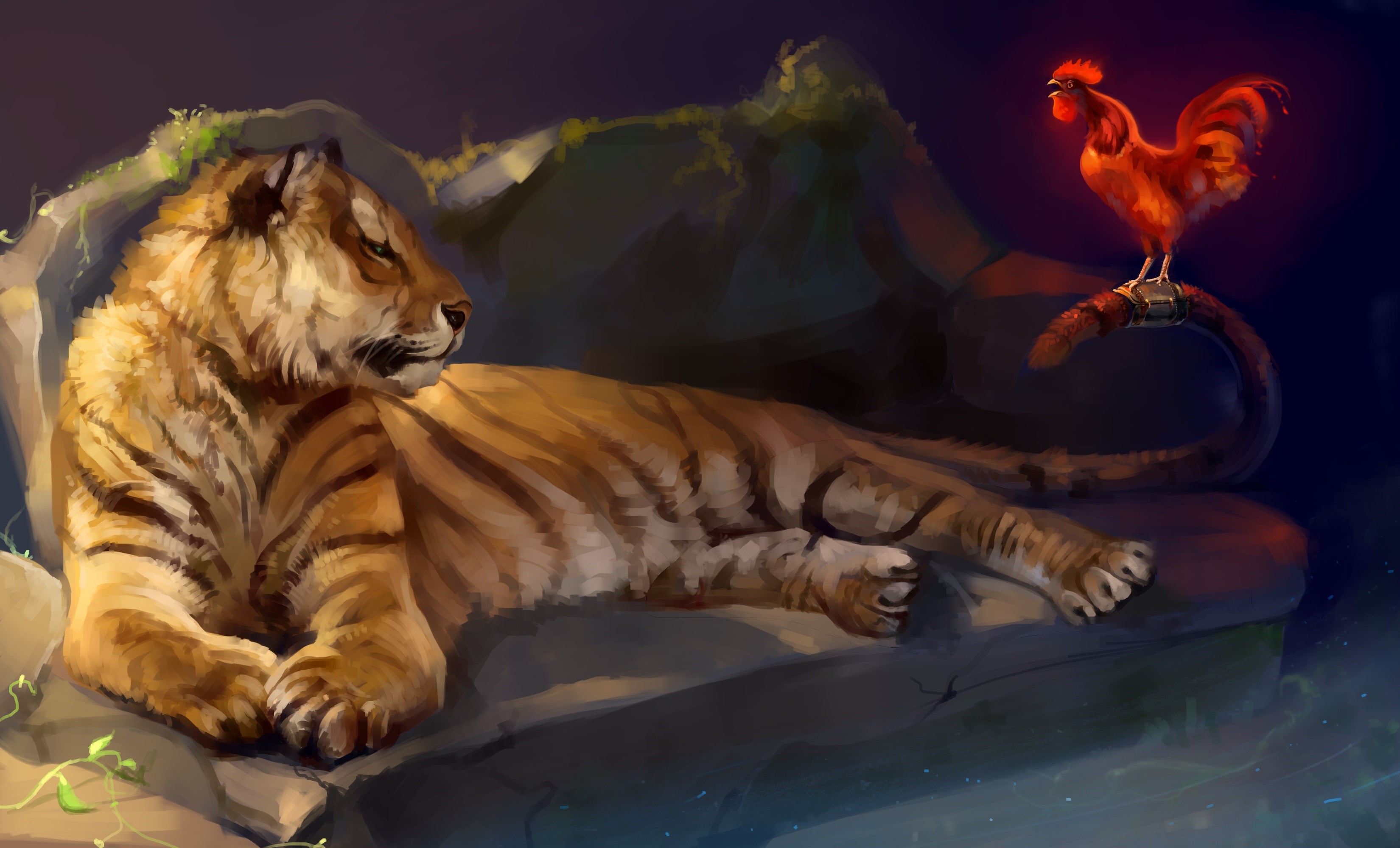 Tiger resting near a rooster on a rock HD Wallpaper