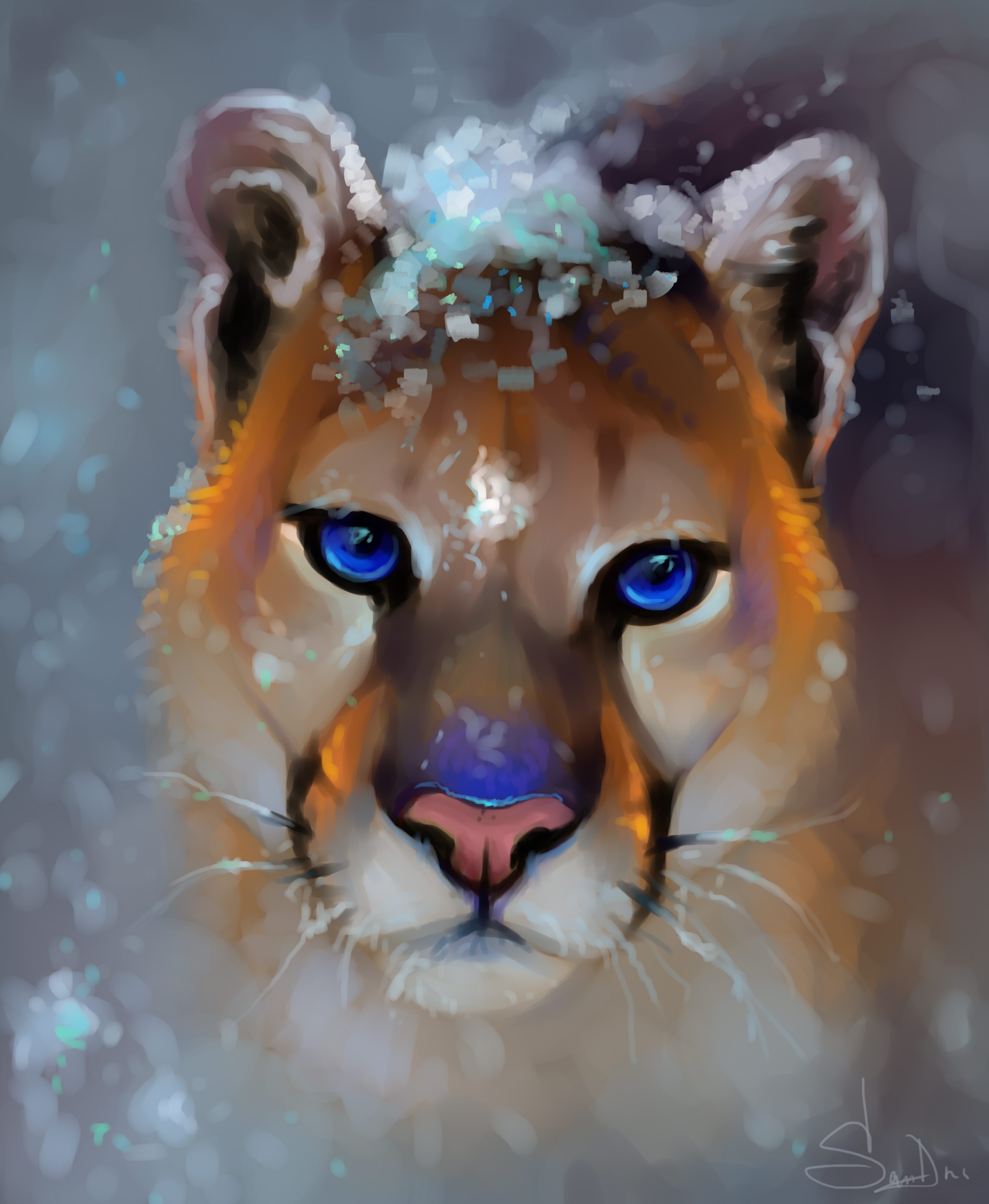 Painting of a Cougar with Blue Eyes in Snow HD Phone Wallpaper