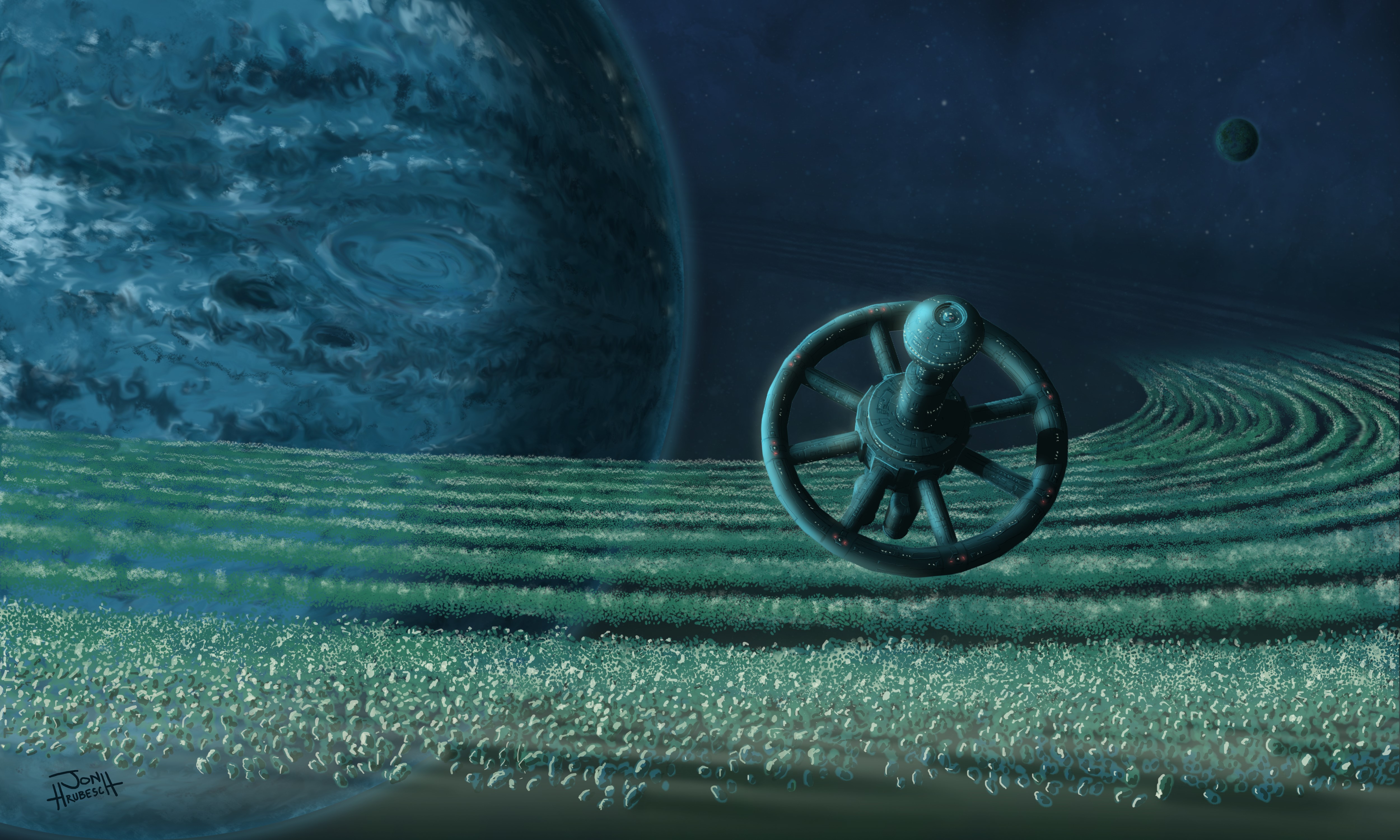 Orbital station near a ringed planet HD Wallpaper