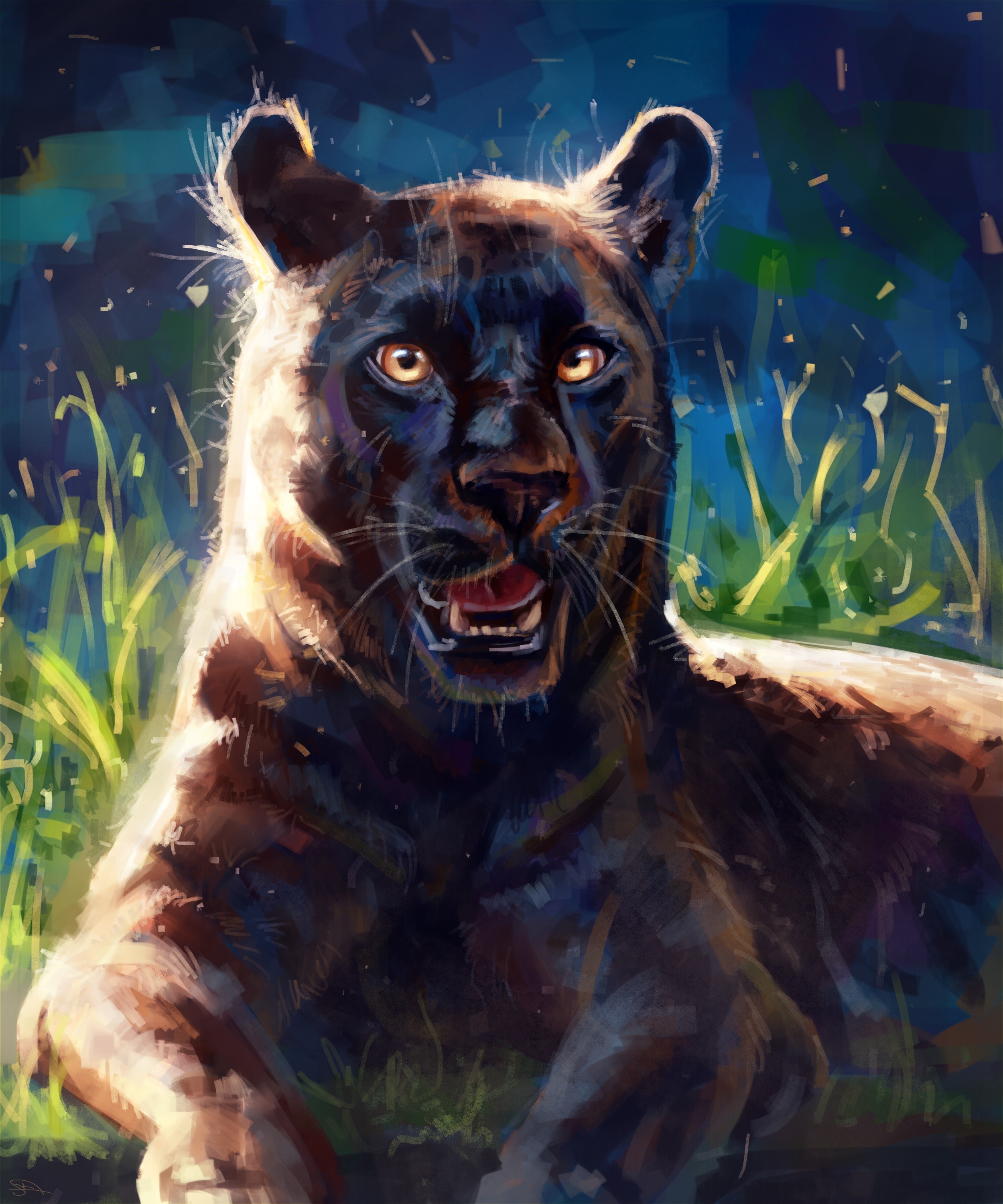 Black Panther in tall grass painting HD Wallpaper