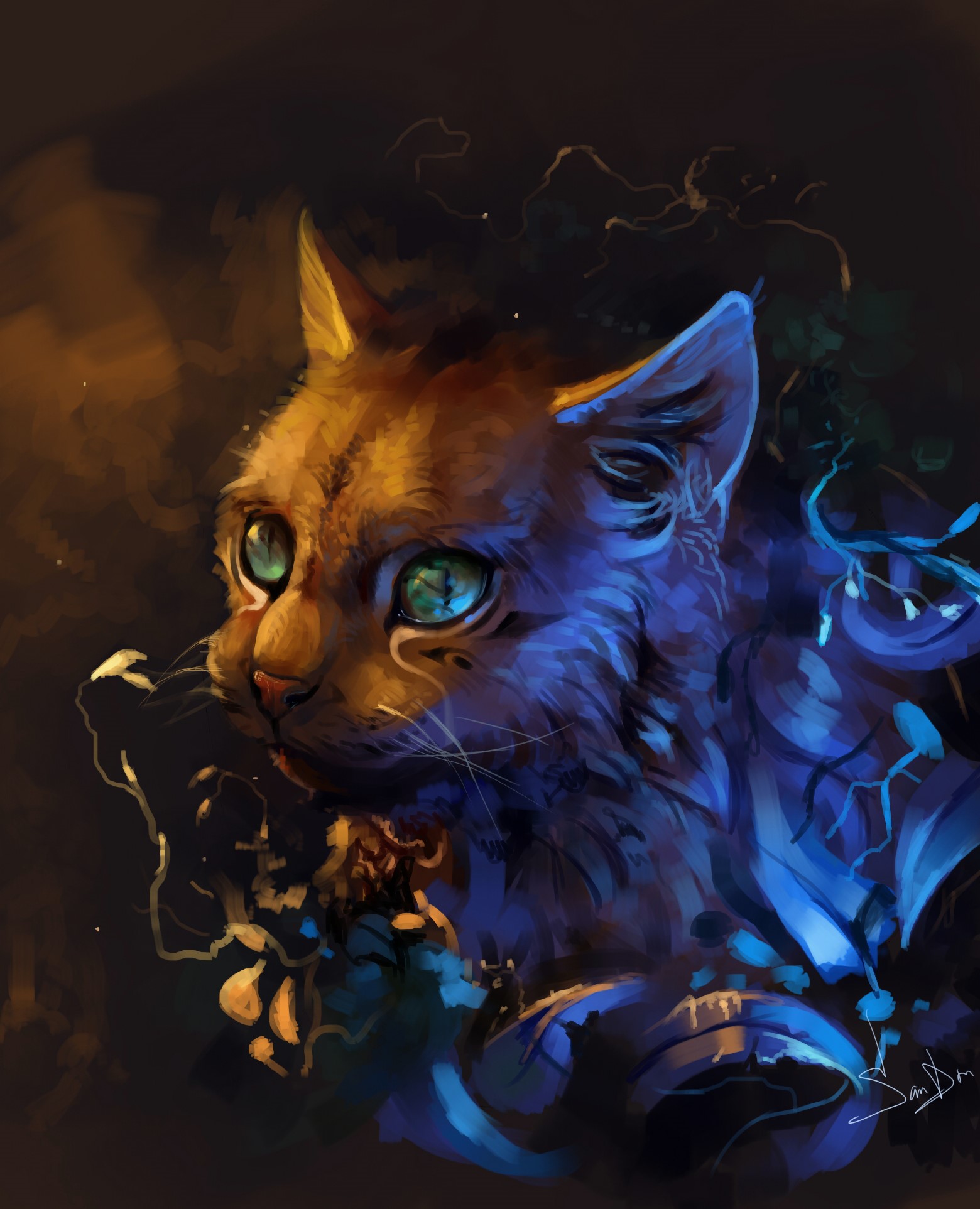 Digital painting of a cat with blue and orange lighting HD Phone Wallpaper