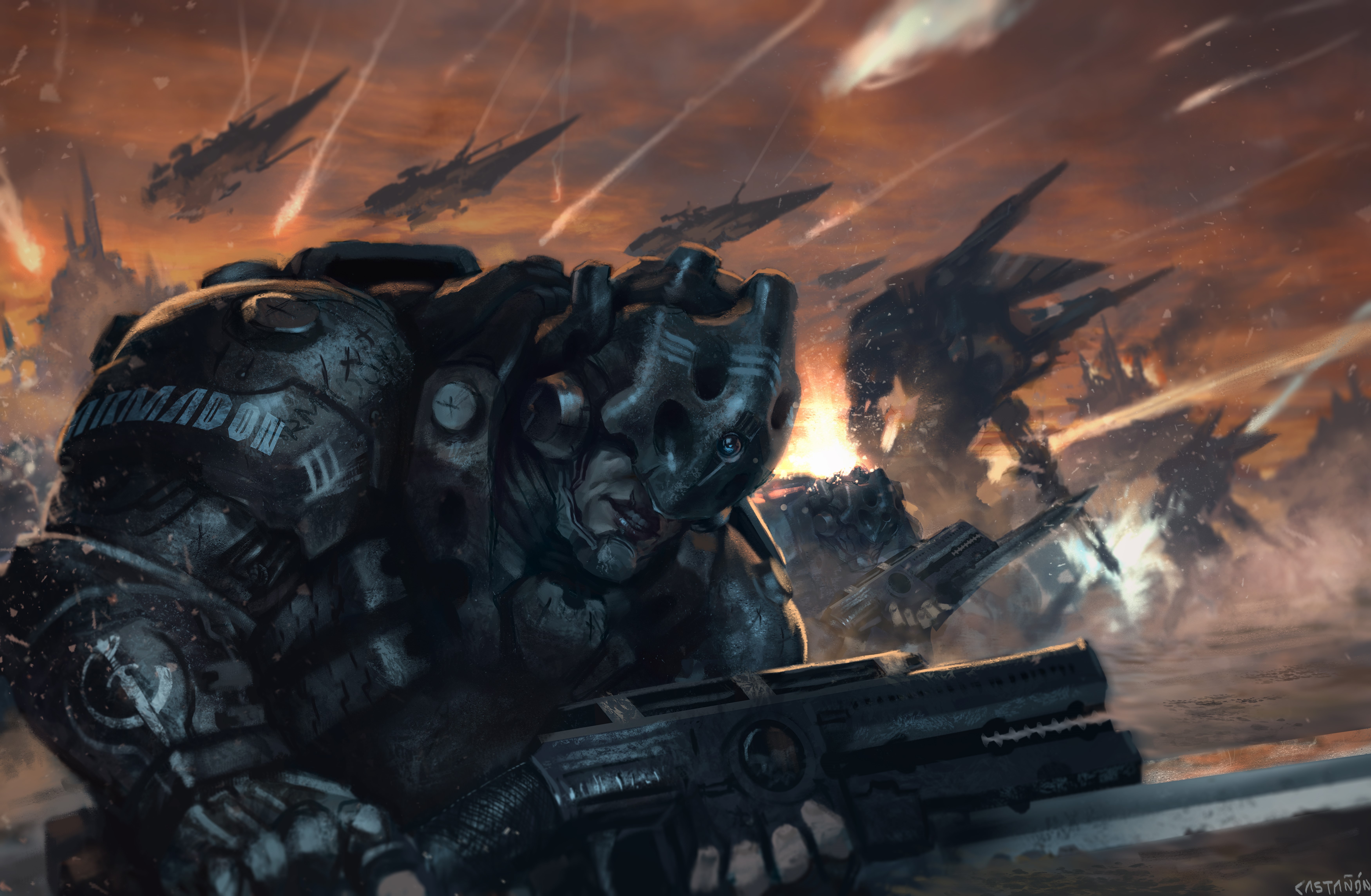 Warriors in armor with assault rifles during battle HD Wallpaper