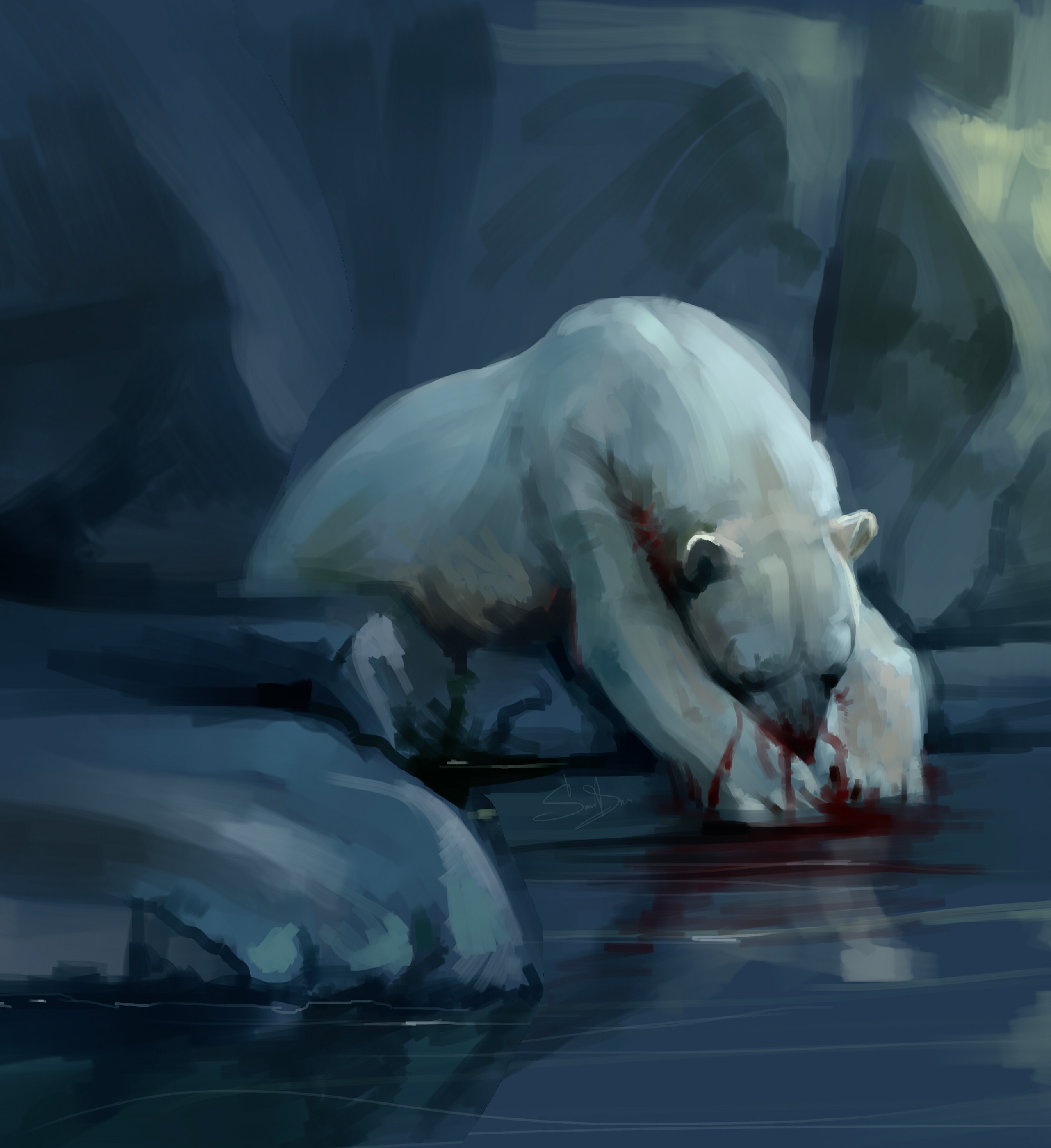 Painting of a polar bear eating bloody prey HD Wallpaper