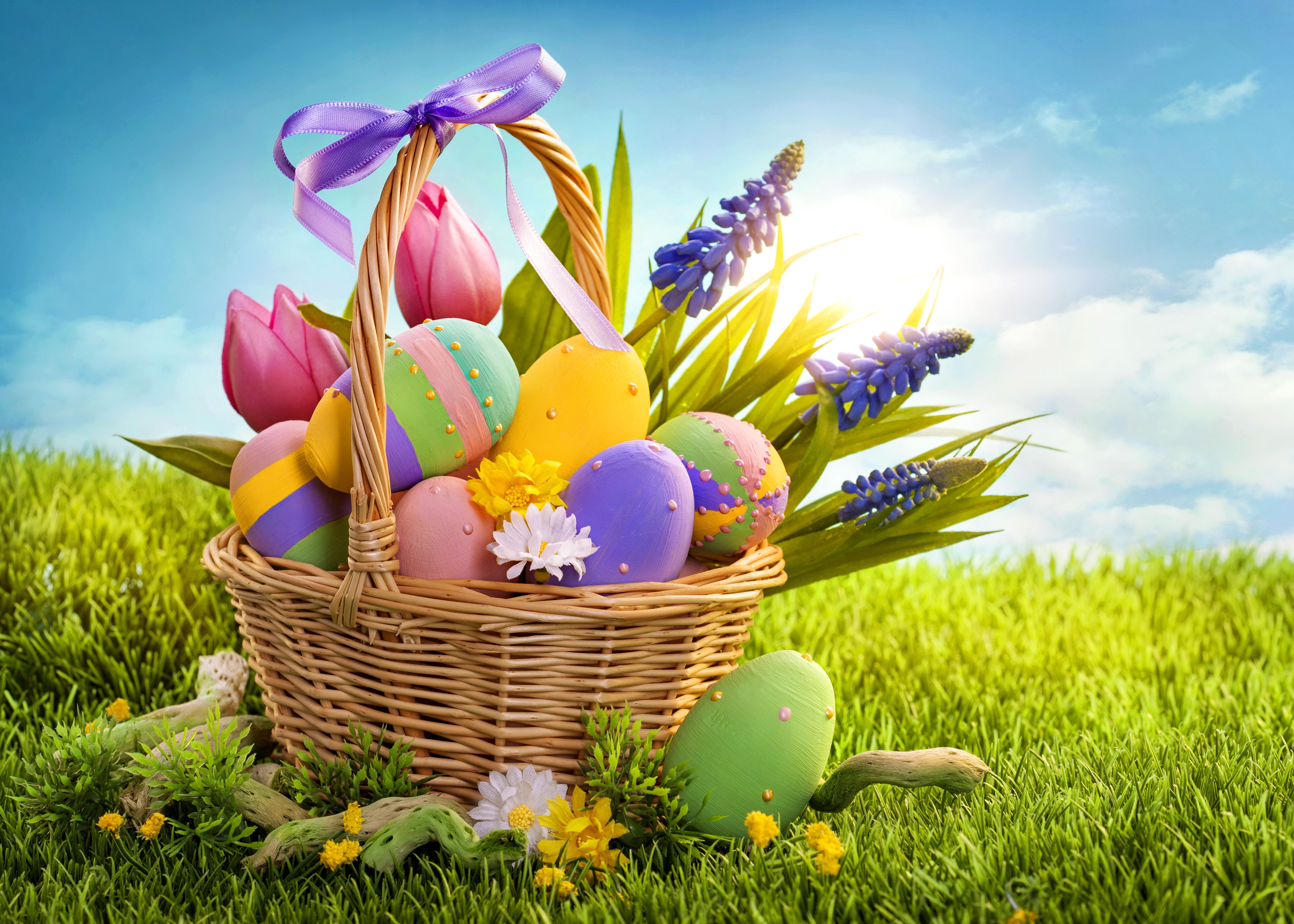 Easter basket with decorated eggs and flowers on grass HD Wallpaper