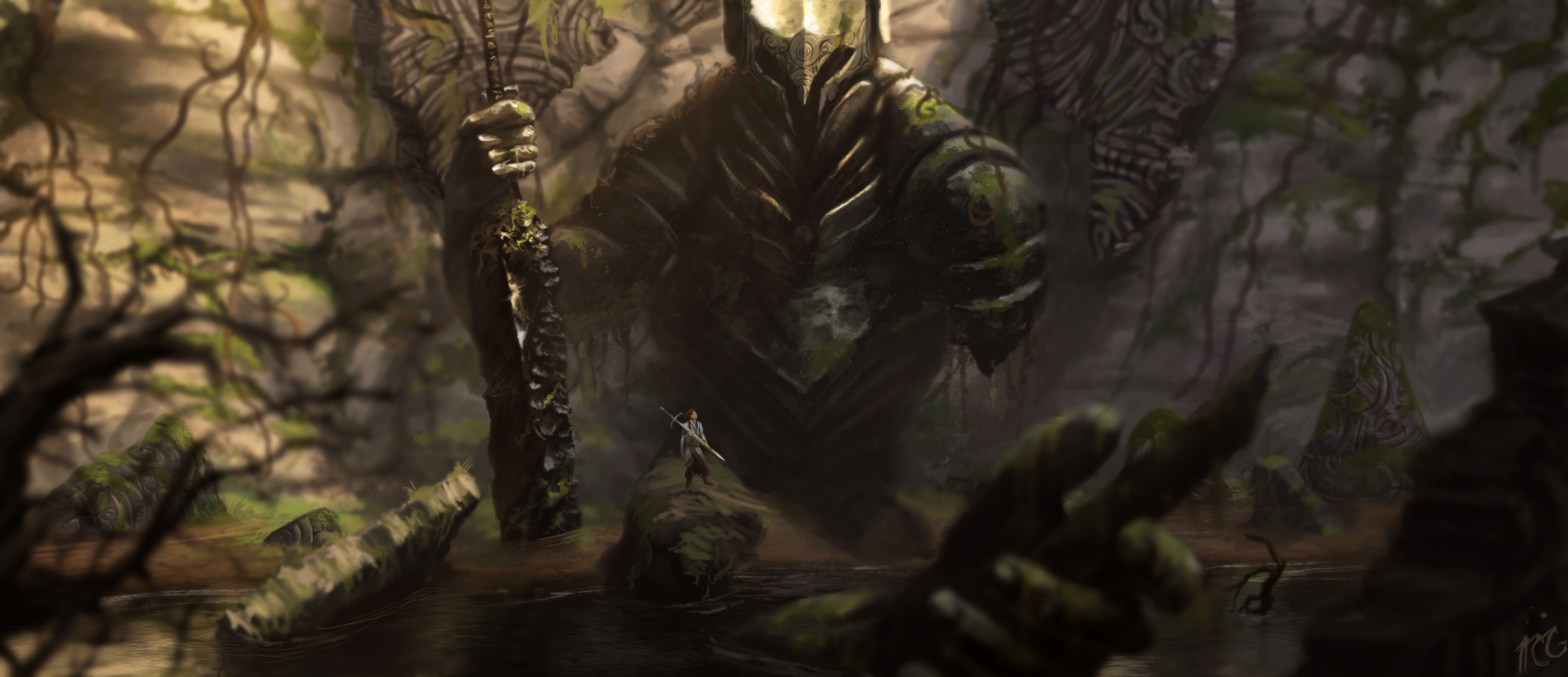 Warrior facing a giant statue in a forest HD Wallpaper