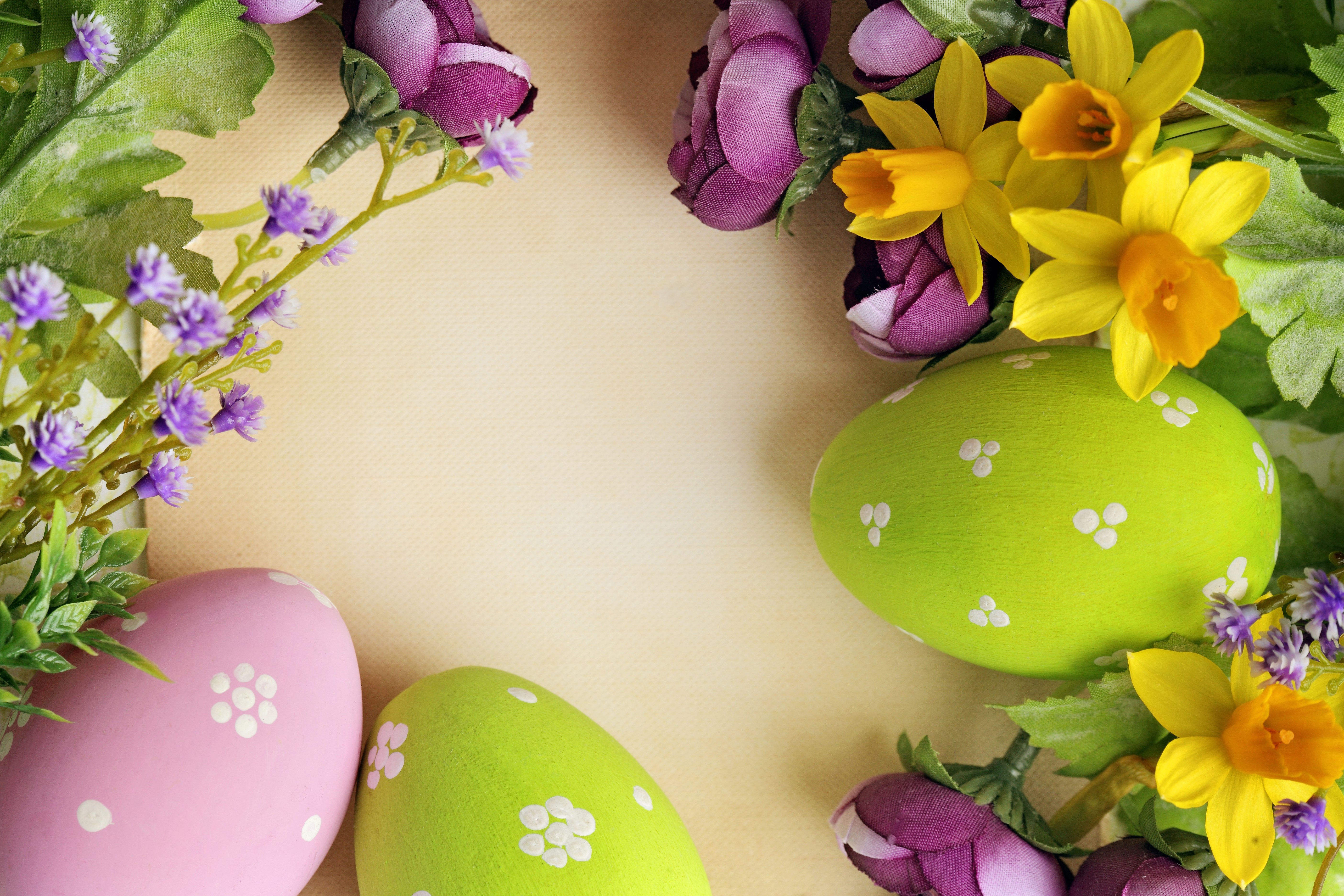 Easter Eggs with Daffodils and Purple Flowers HD Wallpaper