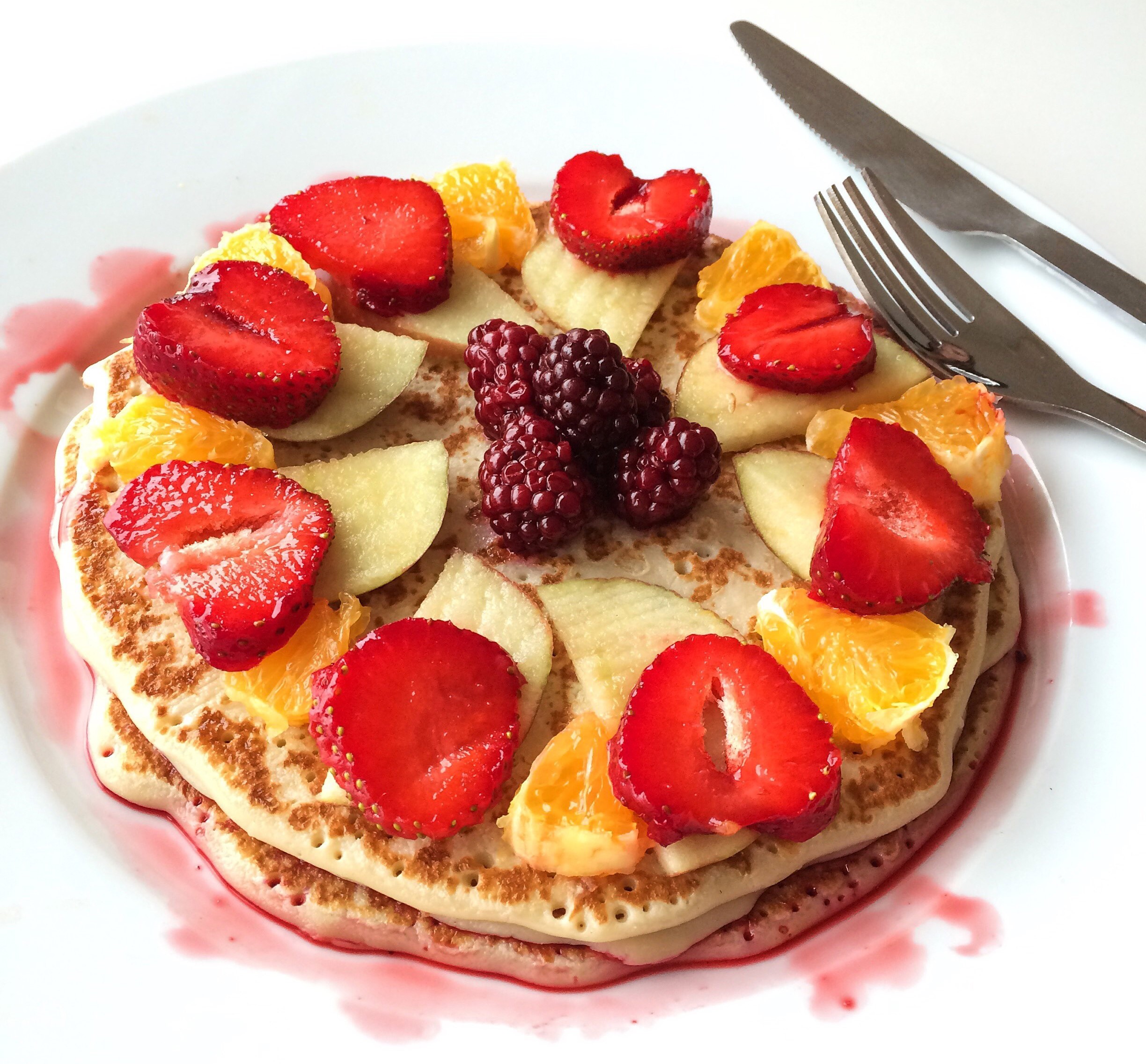 Pancakes with Strawberries, Blackberries, and Orange Slices HD Wallpaper